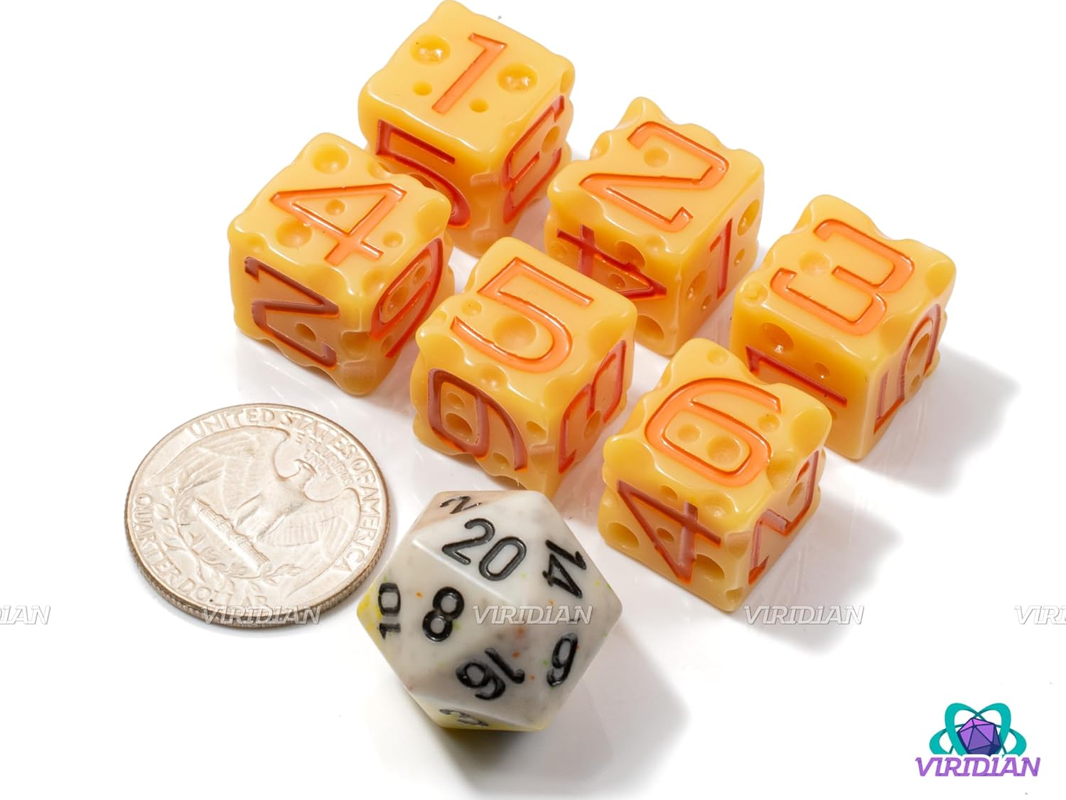 Cheese D&D D6 Dice Set (Light-Yellow & Orange Nacho Color) with Swiss Holes | DND/TTRPG 6 Piece D6 Polyhedral Resin Set