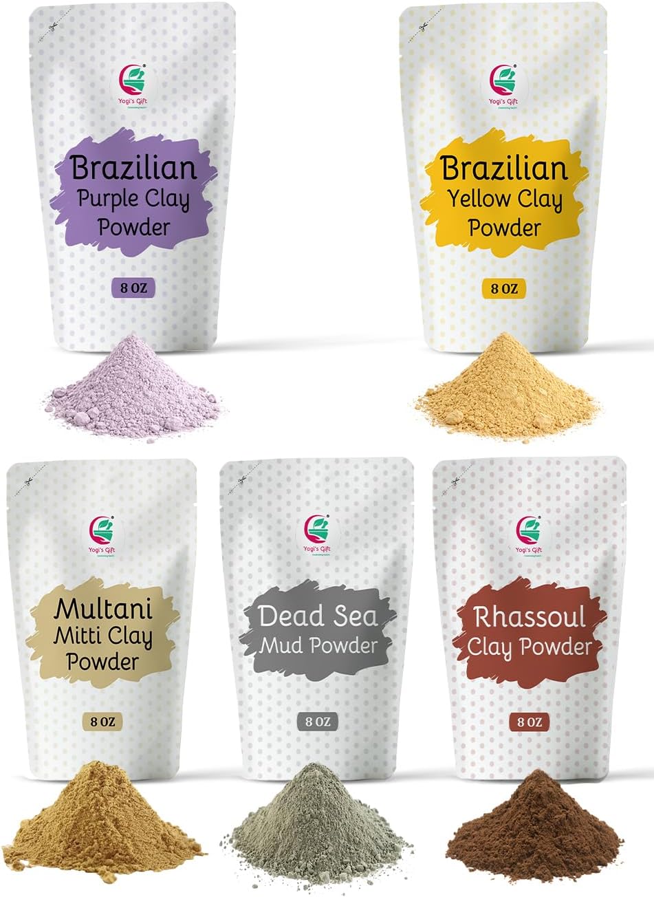 Pack of 5 Cosmetic Clay Powders | Clays for Soap Making and Mask Making | Multani Mitti, Rhassoul, Dead Sea Mud, Yellow & Purple Clay Powders | 8oz Each | Best Colorful Clays for DIY | Yogi’s Gift®