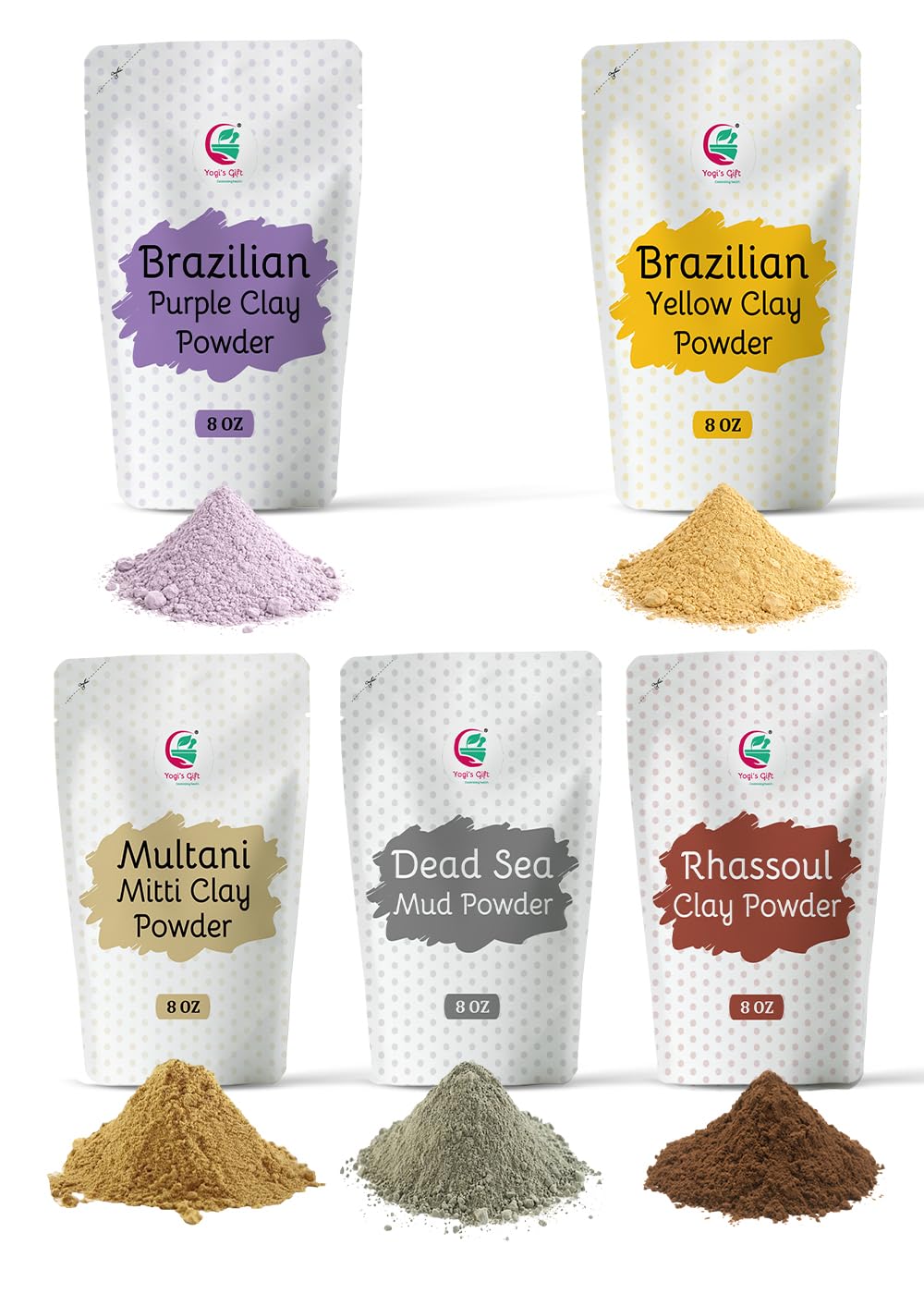 Pack of 5 Cosmetic Clay Powders | Clays for Soap Making and Mask Making | Multani Mitti, Rhassoul, Dead Sea Mud, Yellow & Purple Clay Powders | 8oz Each | Best Colorful Clays for DIY | Yogi’s Gift®
