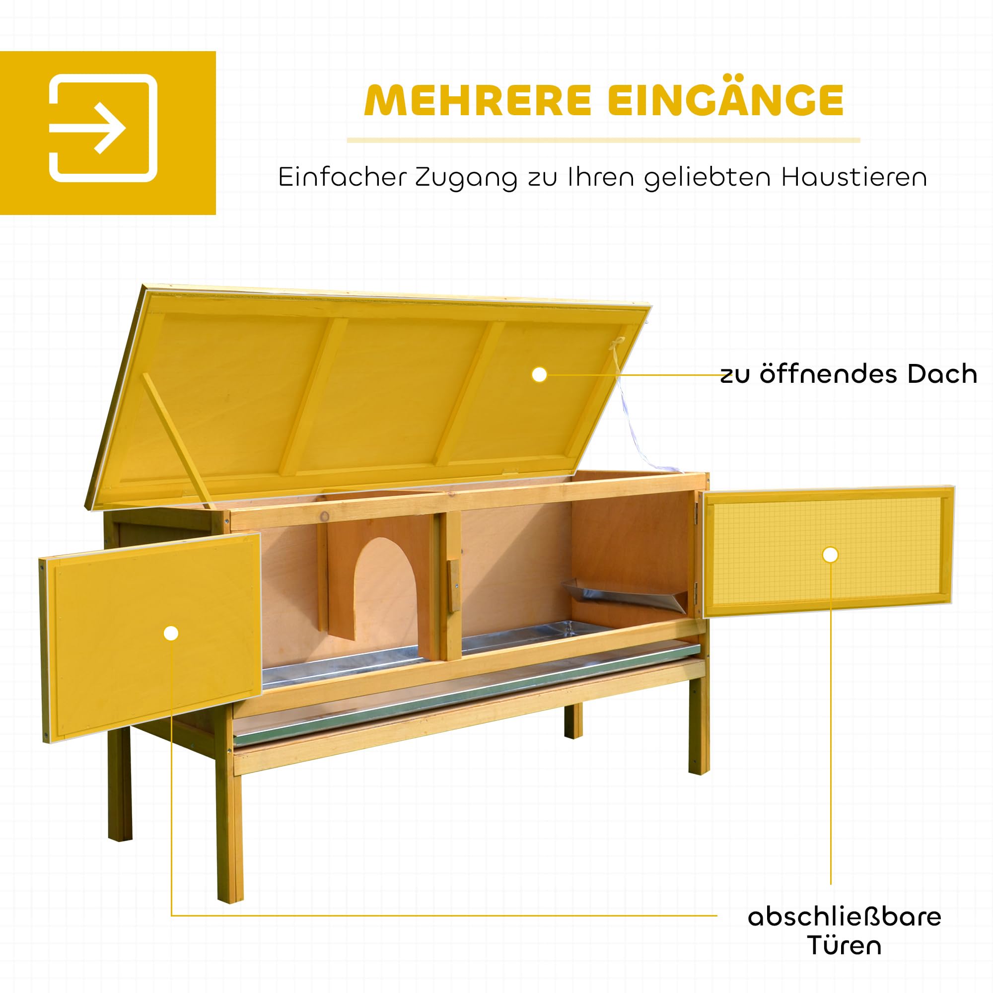 PawHut Conejera de Madera para Conejos, 115 x 44,3 x 65 cm, con Techo abatible, 2 Puertas, Bandeja a Prueba de Fugas, Jaula para Conejos al Aire Libre, Color Amarillo Claro