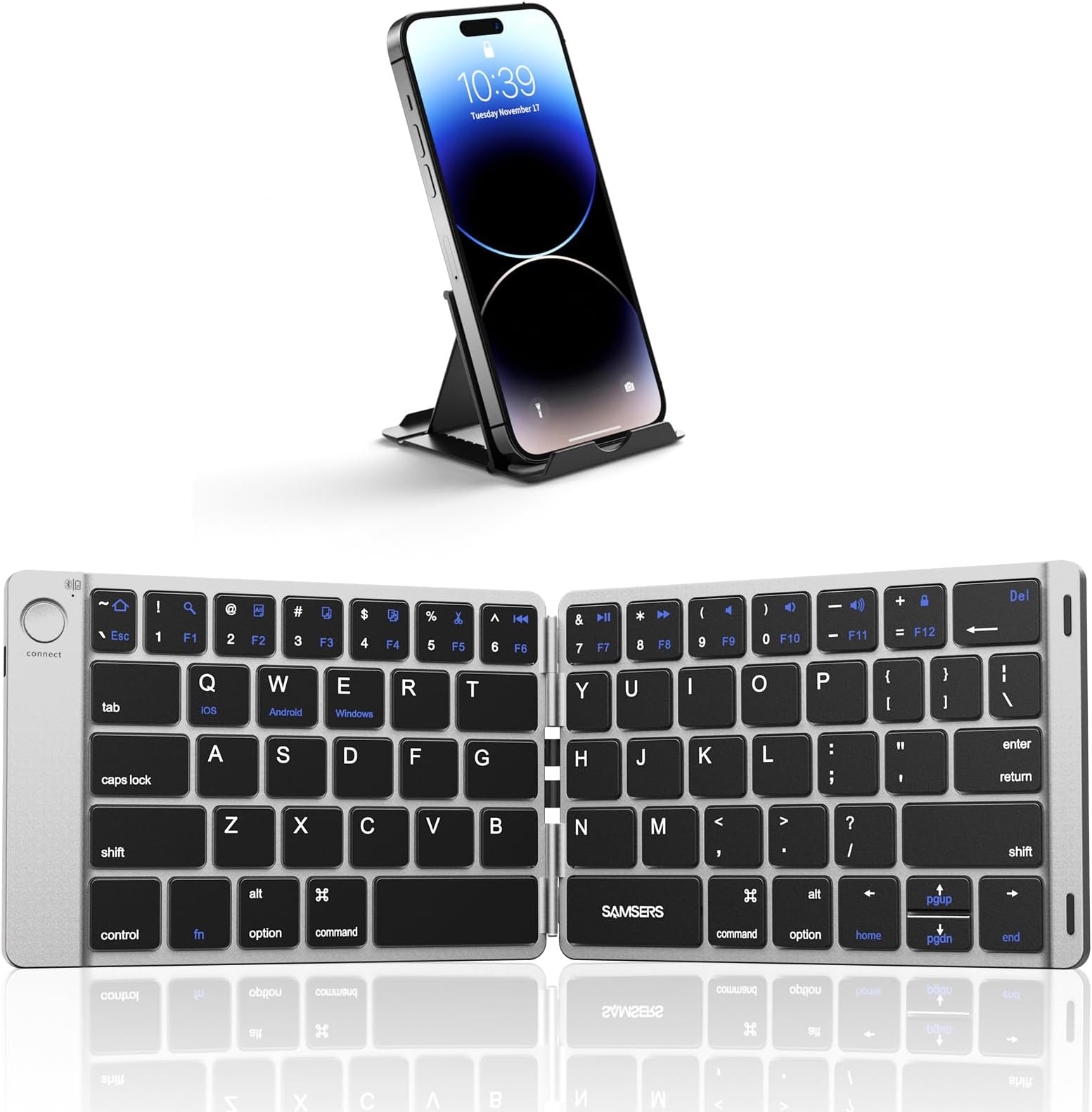 SamsersFoldable Bluetooth Keyboard - Portable Wireless Keyboard with Stand Holder, Rechargeable Full Size Ultra Slim Folding Keyboard Compatible iOS Android Windows Smartphone Tablet & Laptop-Silver