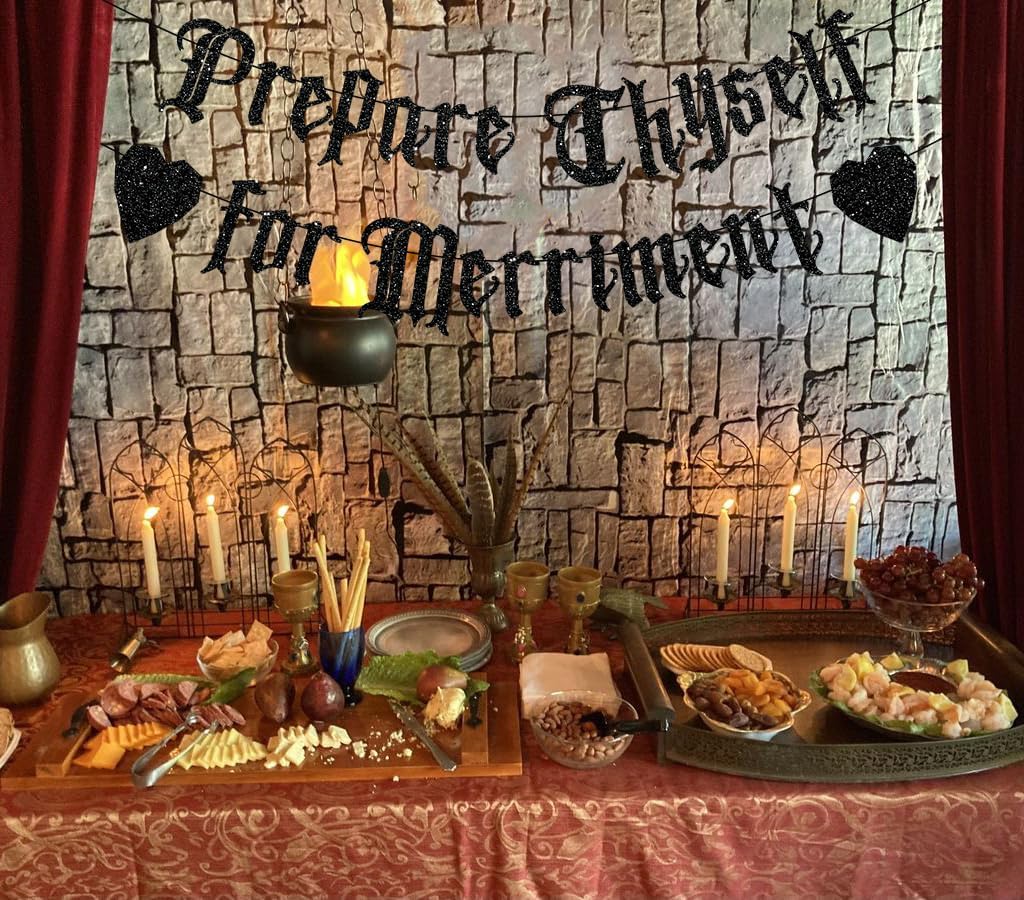 Prepare Thyself for Merriment Black Glitter Banner Goth Old English Gothic Party Decorations for Birthday King Queen Medieval Bridal Shower Bachelorette Party Decor Supplies Favors