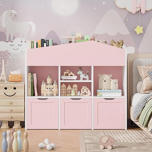 Miniatura 2 de FOTOSOK Organizador de almacenamiento de juguetes con 3 cajones móviles, organizadores de juguetes y almacenamiento con ruedas ocultas y 7