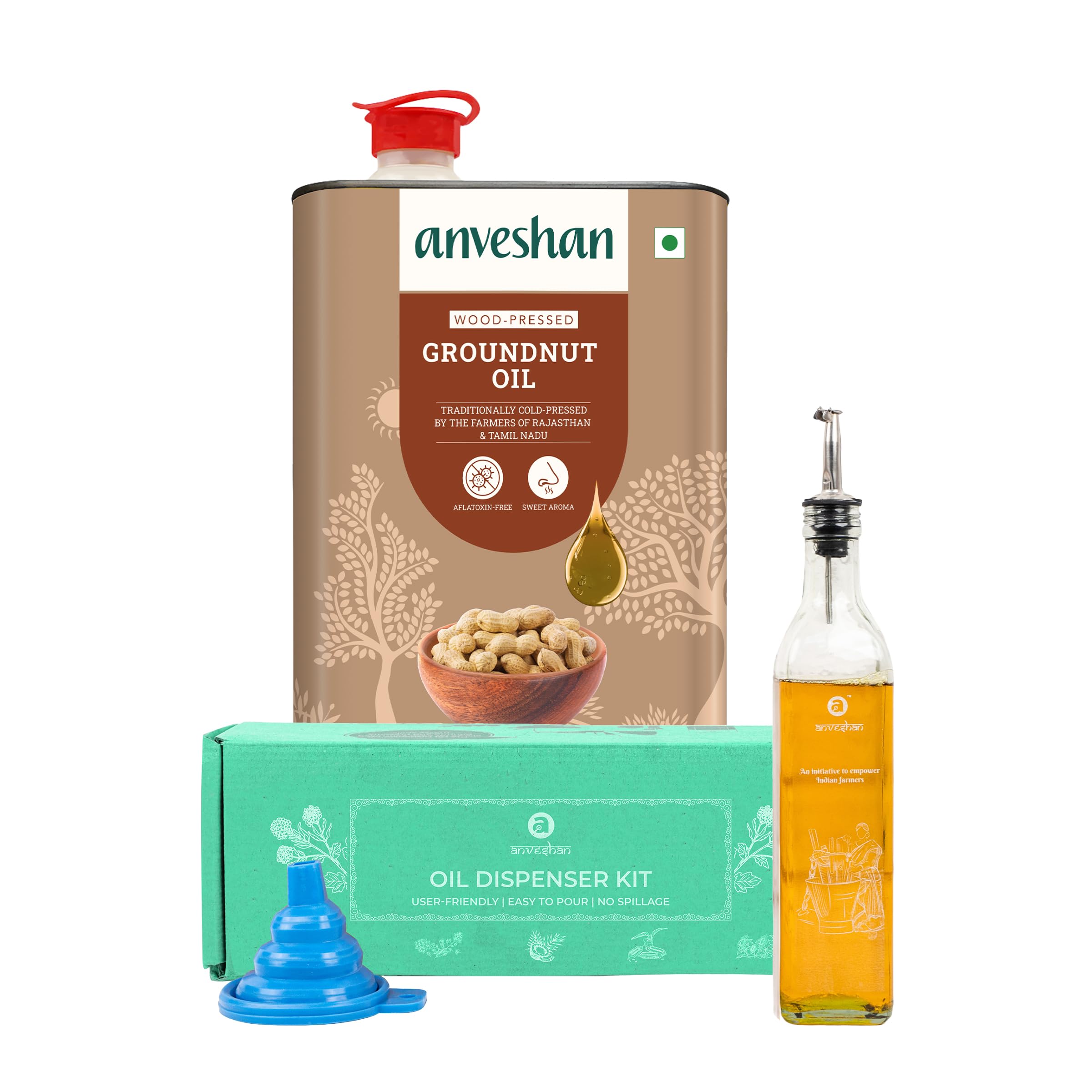 Anveshan Wood Pressed Groundnut Peanuts Oil 5L + Oil Kit | Tin Can | Kolhu/Kacchi Ghani/Chekku/Ganuga | Peanut Oil | Natural | Chemical-Free | Cold Pressed Groundnut Oil for Cooking
