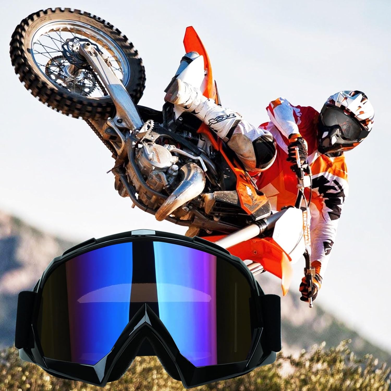 Motorcycle Goggles 2 Pack ATV Dirt Bike Motocross Goggles MX Riding Goggels UTV Helmet Goggles Offroad Goggle UV400 Windproof Powersports Goggle for Adults Youth Kids（Flag&Black Frame+Color Lens）