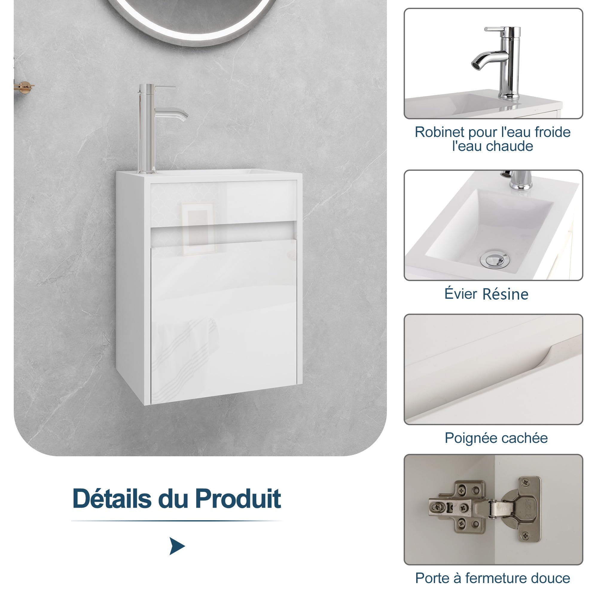 UEV Meuble de Salle de Bain Mural 41cm, Meuble de Lavabo Suspendu Blanc avec Rangement, Lavabo en Résine, Robinet Chromé, 41 x 25 x 50 cm, Blanc