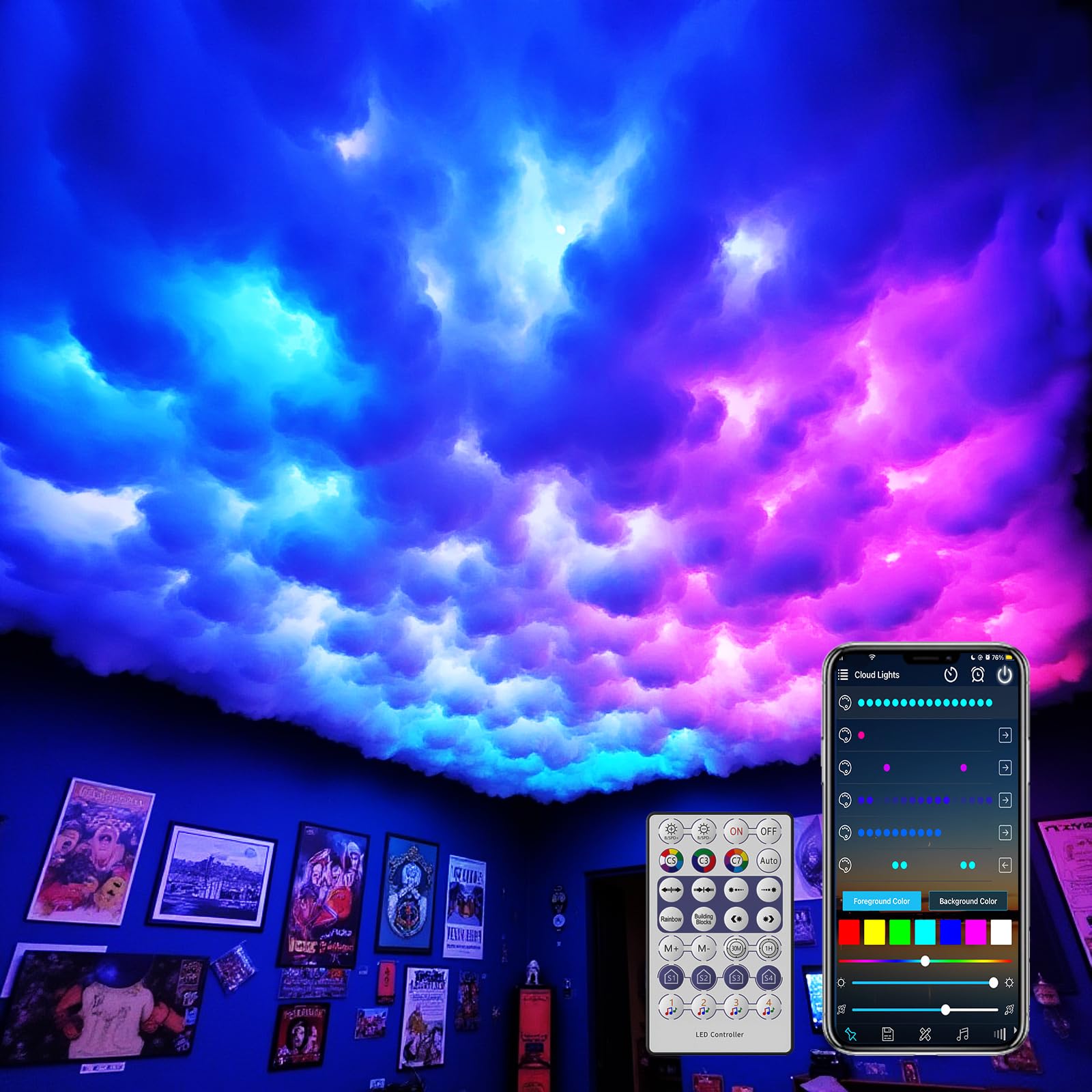 Luce LED Thundercloud in cotone 3D USB, fai da te RGB+IC che insegue le luci della nuvola del soffitto con APP e telecomando per la decorazione della stanza