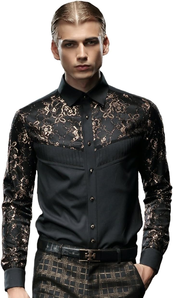 FANZHUAN Lush Stylish Black Shirt Long Sleeve Slim Fit Non Iron Golden Lace