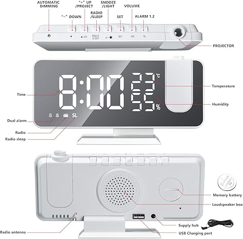 Miniatura 5 de Reloj despertador de proyección para dormitorio, reloj despertador digital con cargador USB, pantalla de espejo LED grande de 7.4 pulgadas, radio