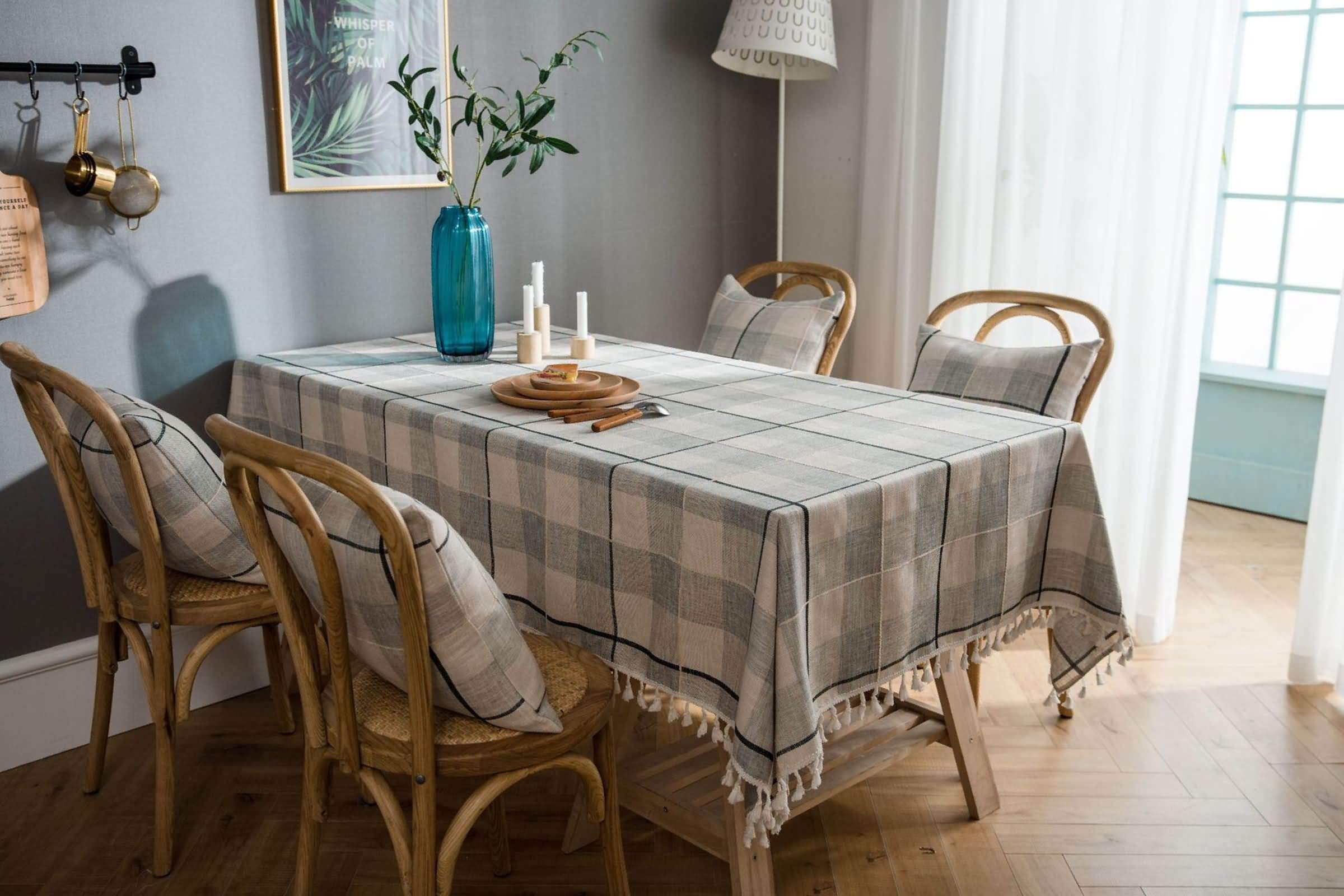 Nappe Gris Carré Extérieur Antitache, Motif à Carreaux avec Glands, Mélange Coton et Lin, 140 x 140 cm, Nappe pour Jardin et Terrasse