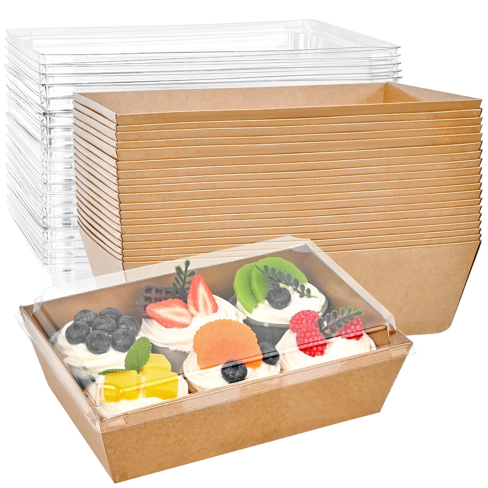 Ocmoiy 8 x 6 Inch Charcuterie Boxes with Clear Lids, 20 Pack To Go Paper Food Containers Disposable Bakery Boxes for Cake Slice, Cupcakes, Sandwiches, Cocoa Bombs (Brown)
