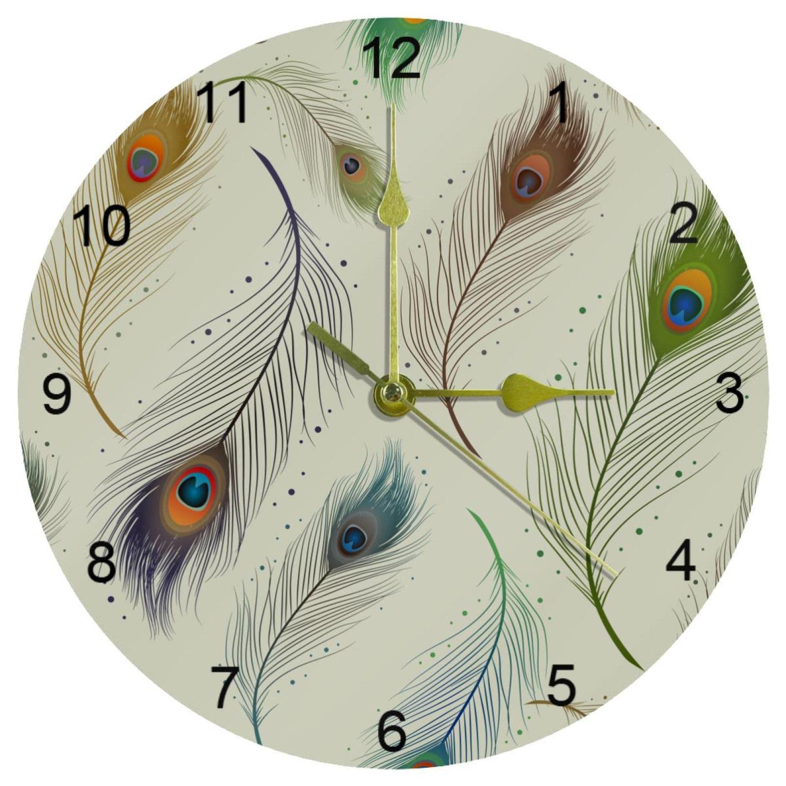 Horloge murale de qualité ronde et élégante avec motif plume de paon et chiffres arabes