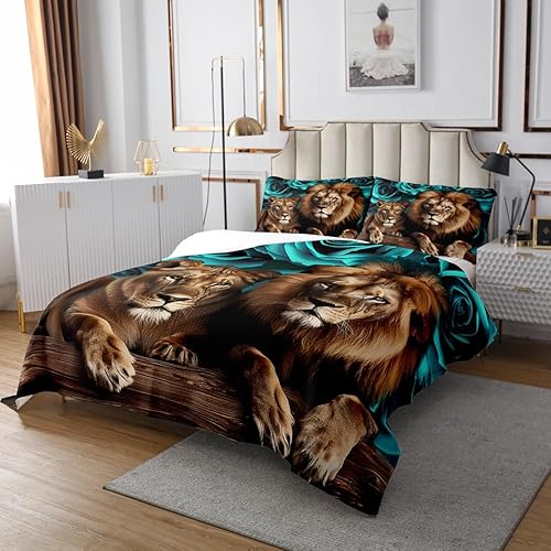 Miniatura 3 de Erosebridal Juego de edredón de león, color turquesa, verde azulado, rosa para mujeres y hombres, juego de colcha de flores de animales salvajes,