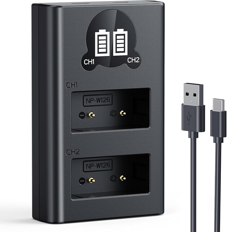 NP-W126S Battery Charger USB Dual Slot for Fuji Fujifilm X-E5 X-M5 X-T50 XT50 X-T30 III II XT30 X-T20 X100VI X100V X100F X Half X-T3 X-T2 X-S10 X-E4 X-A7 X-T200 X-T100