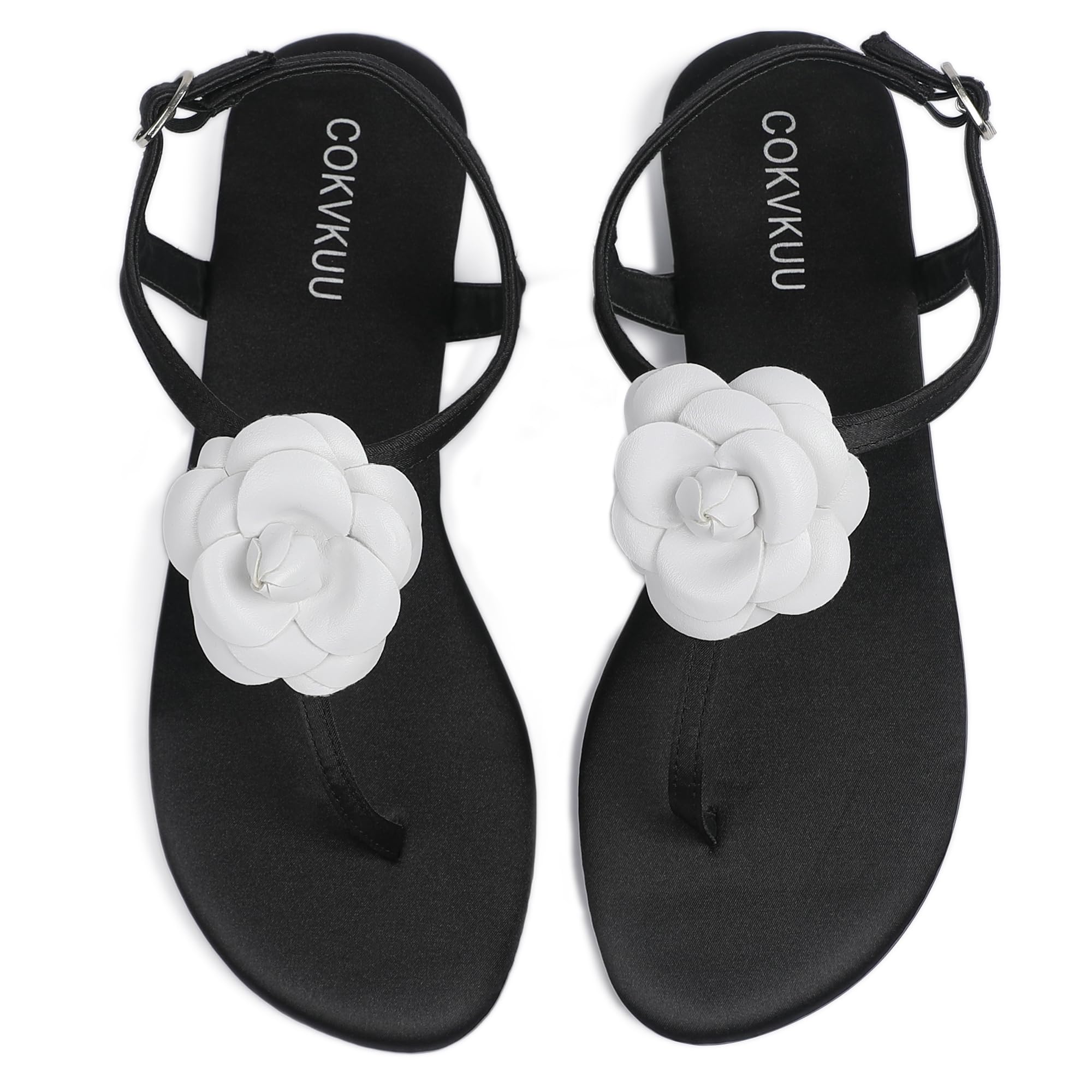 Cokvkuu Women's Black Satin Floral Sandals with T-Strap, Herringbone Sole Fashionable and comfortable satin sandals for beach party shopping