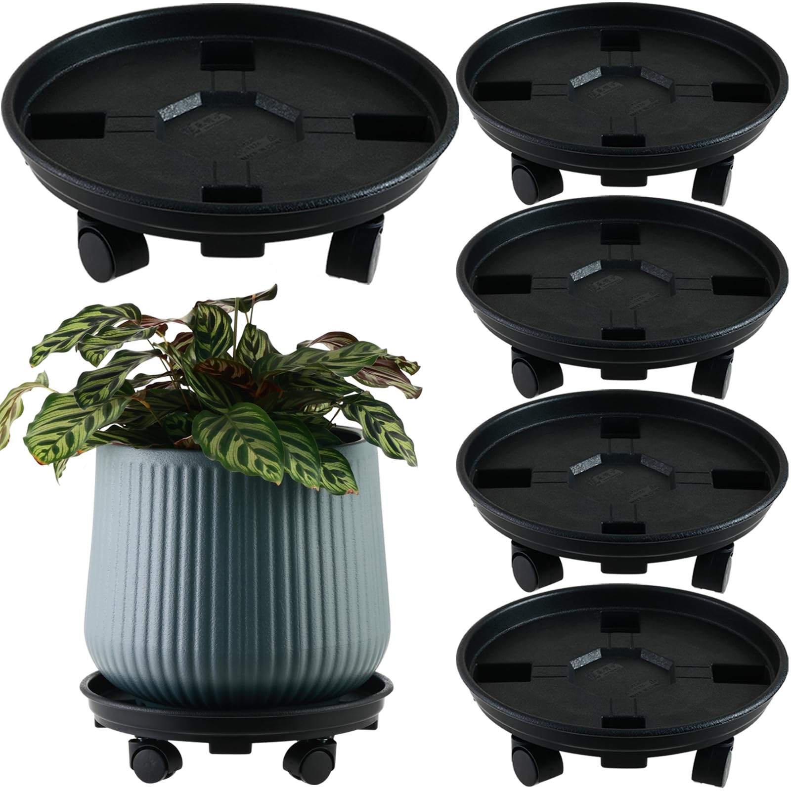 5 Packs 15.8” Extra-large Plant Caddy Plant Saucers on Wheels Rolling Plant Stands Heavy-duty Plant Dolly Plastic Planter Roller Base Pot Movers Outdoor Plant Tray Coaster Holder, Black