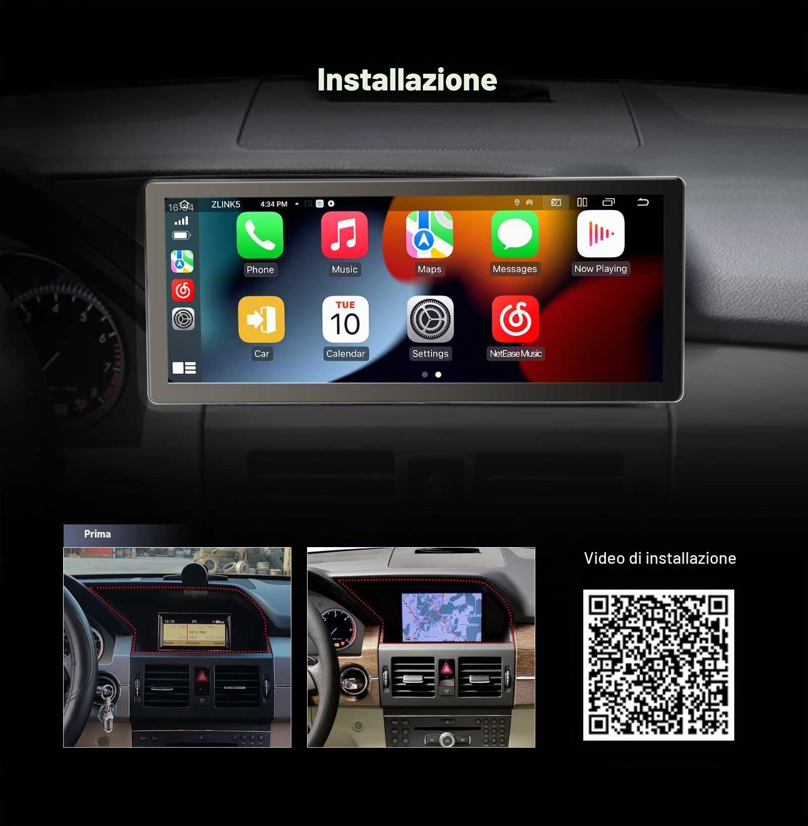 10,25 pollici 8-Core 4GB+64GB Android 14 Autoradio Bluetooth GPS Navigatore per Mercedes Benz Classe GLK X204 2009-2012 NTG 4.0 Supporta CarPlay Android Auto WiFi 4G DAB+ IPS Schermo USB DSP Canbus