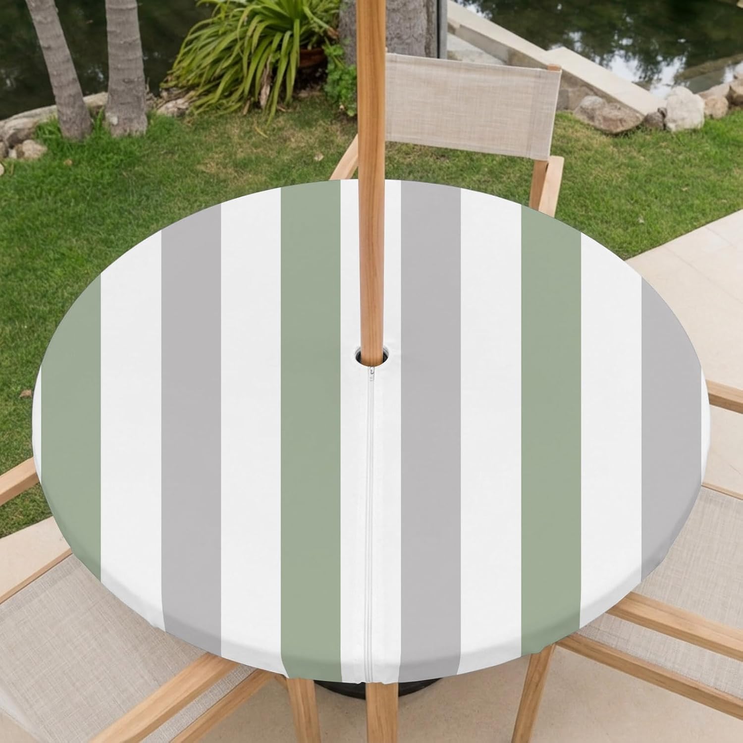 Sage Green Grey Stripe Waterproof Outdoor Tablecloth with Umbrella Hole and Zipper,Round Fitted Table Covers with Elastic,Modern Farmhouse Vertical Striped Patio Party Table Cloth Fits 36"-44" Tables