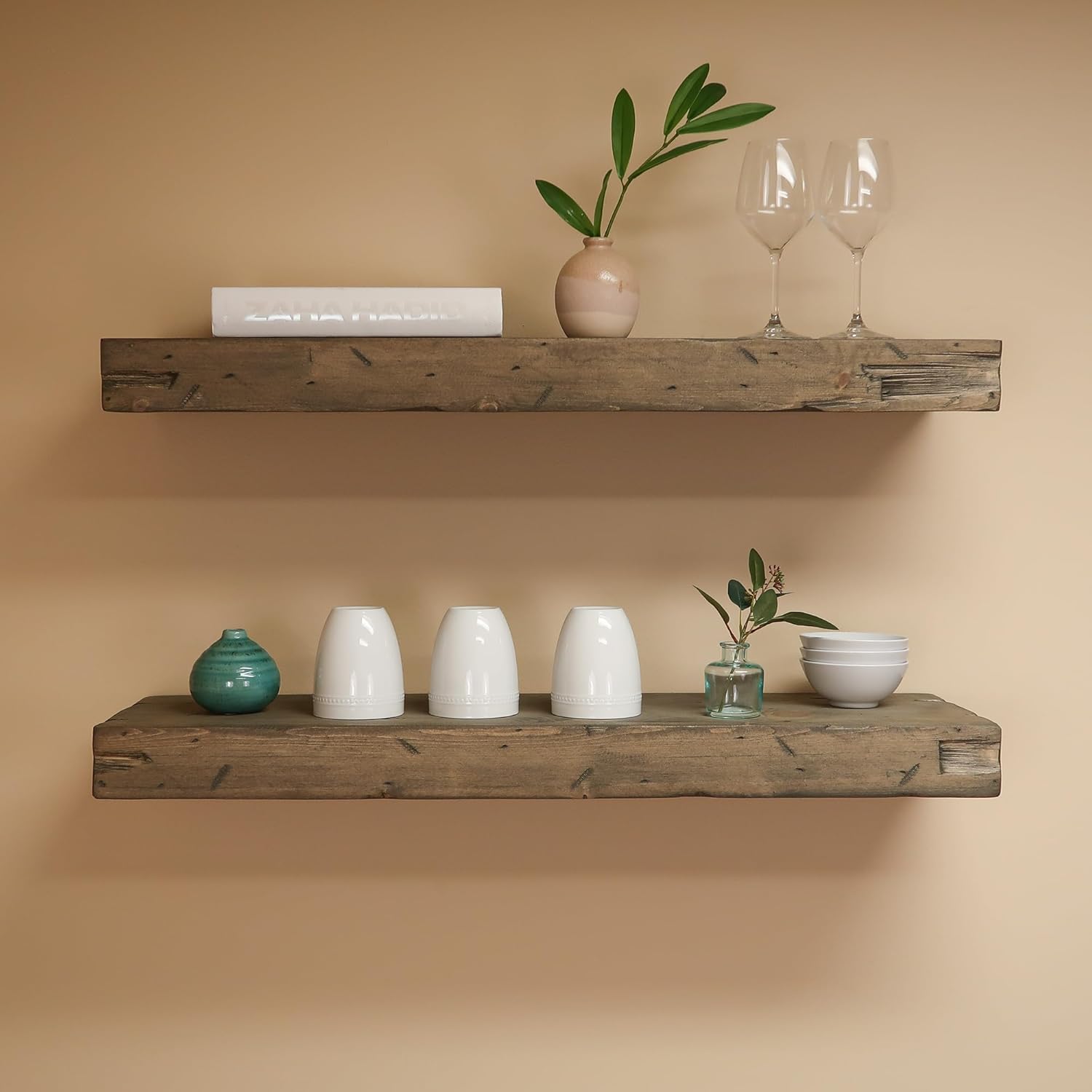 Urbandi Rustic Distressed Floating Shelves, Set of 2, Handmade Out of Pine Wood, 3 Inch Thick, Made in USA (Aged Barrel, 24Lx3Hx8D)