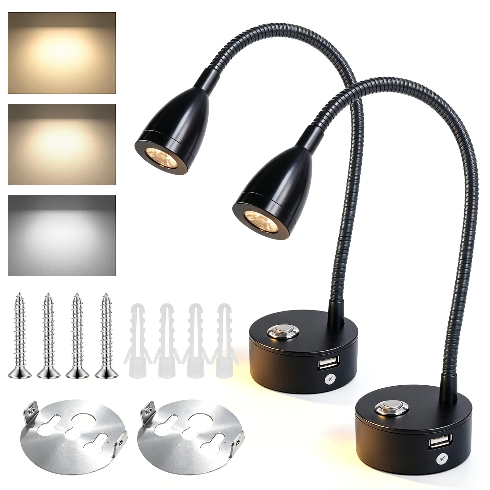 BYZESTY - Lámpara de lectura LED de 12 V, lámpara LED de 12 V, lámpara de lectura LED de 12 V, camping, lámpara de lectura de 12 V LED para autocaravanas y caravanas, 3 temperaturas, puerto USB
