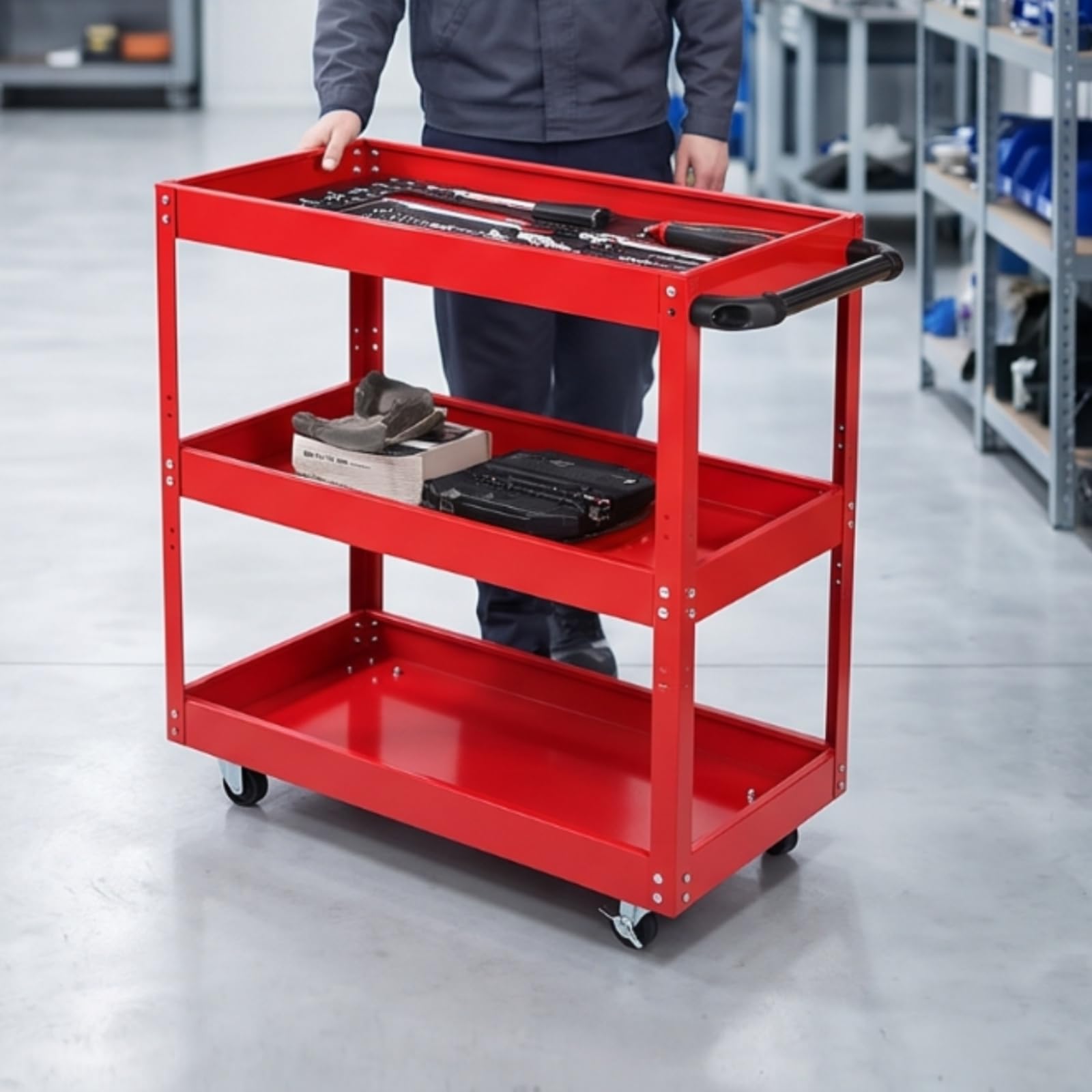 Carrello Portautensili a 3 Ripiani Mobile Carrello da Officina con Ruote Silenzioso per Artigiani, Garage, Modello HM4050