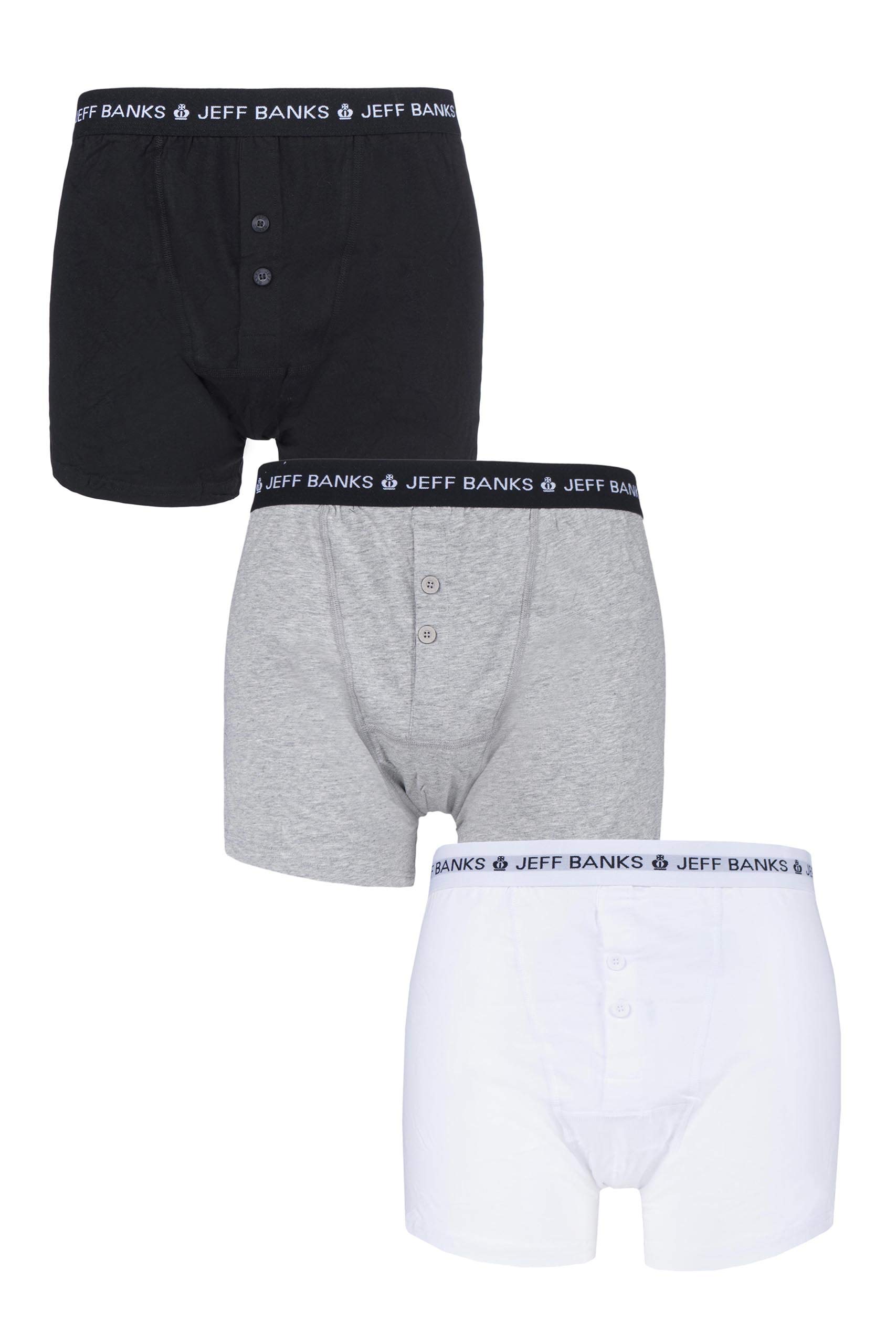 Jeff Banks Men's Black / White / Grey 3 Pack Marlow Buttoned Boxer Shorts Small Black/White/Grey