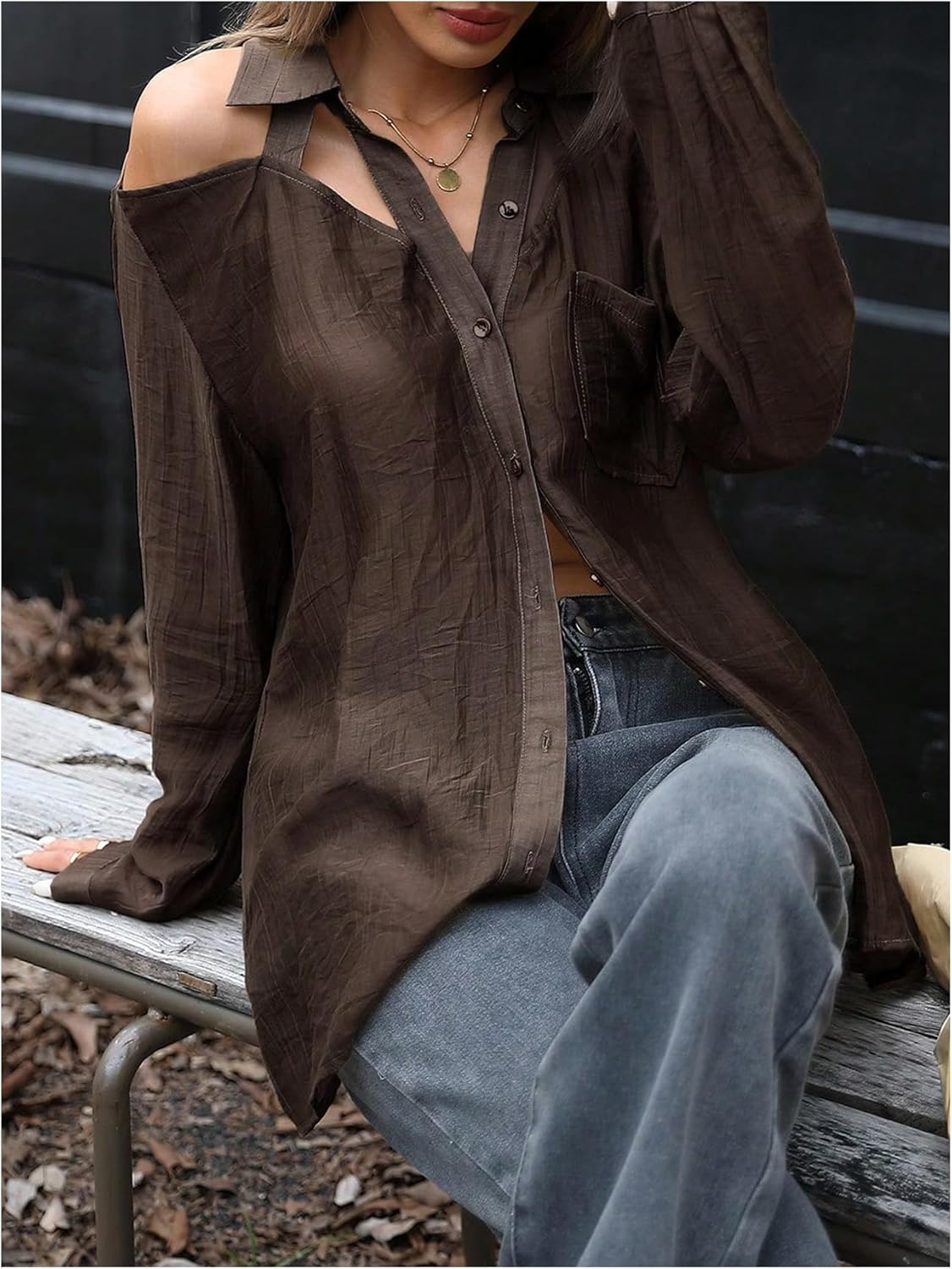 MakeMeChic Women's Going Out Cold Shoulder Button Down Shirt Cut Out Long Sleeve Blouse Tops - Image 5