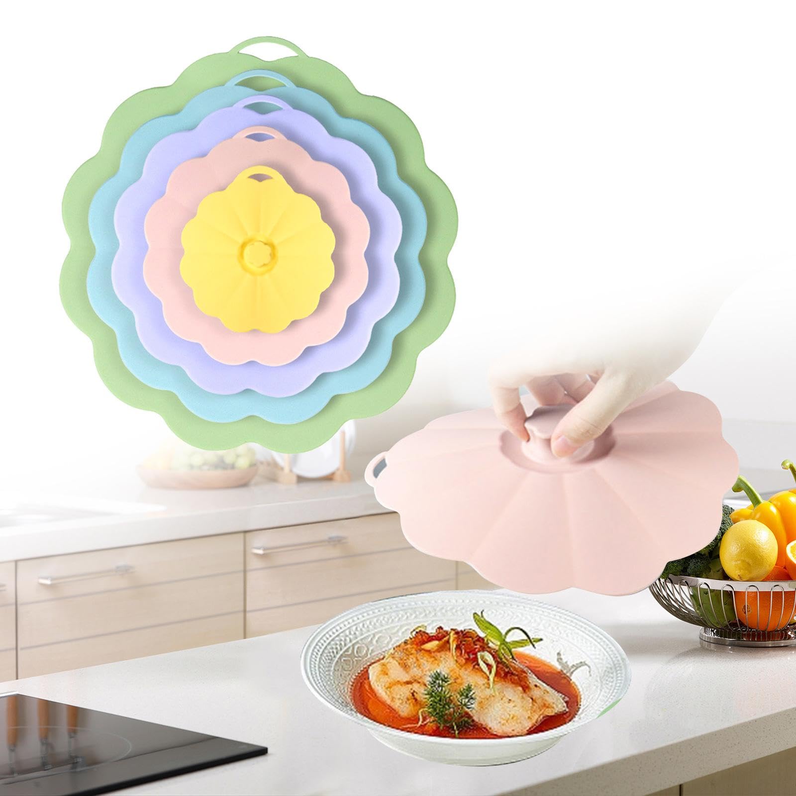 5 Pezzi Coperchi in Silicone Coperchi Antischizzo Microonde Coperchi Salvafreschezza Riutilizzabili Resistenti Calore Adatti per Pentole Ciotole Piatt, Multicolore