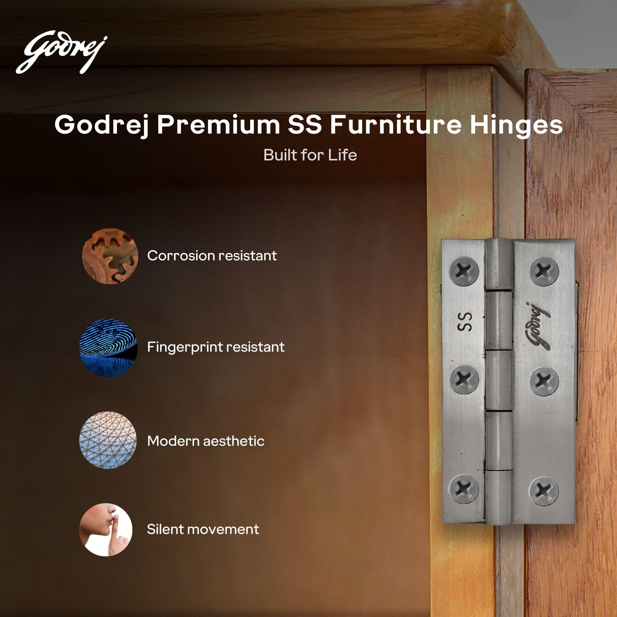 Godrej Door Fitting I 3 Inch x 14 Gauge Door Hinges (9 Pcs) | Main Door, Windows, Bathroom of Home, Office, Hotel I Kabja for Door, 1.6mm Thickness | Premium Look, Satin Finish — Amazon image 4