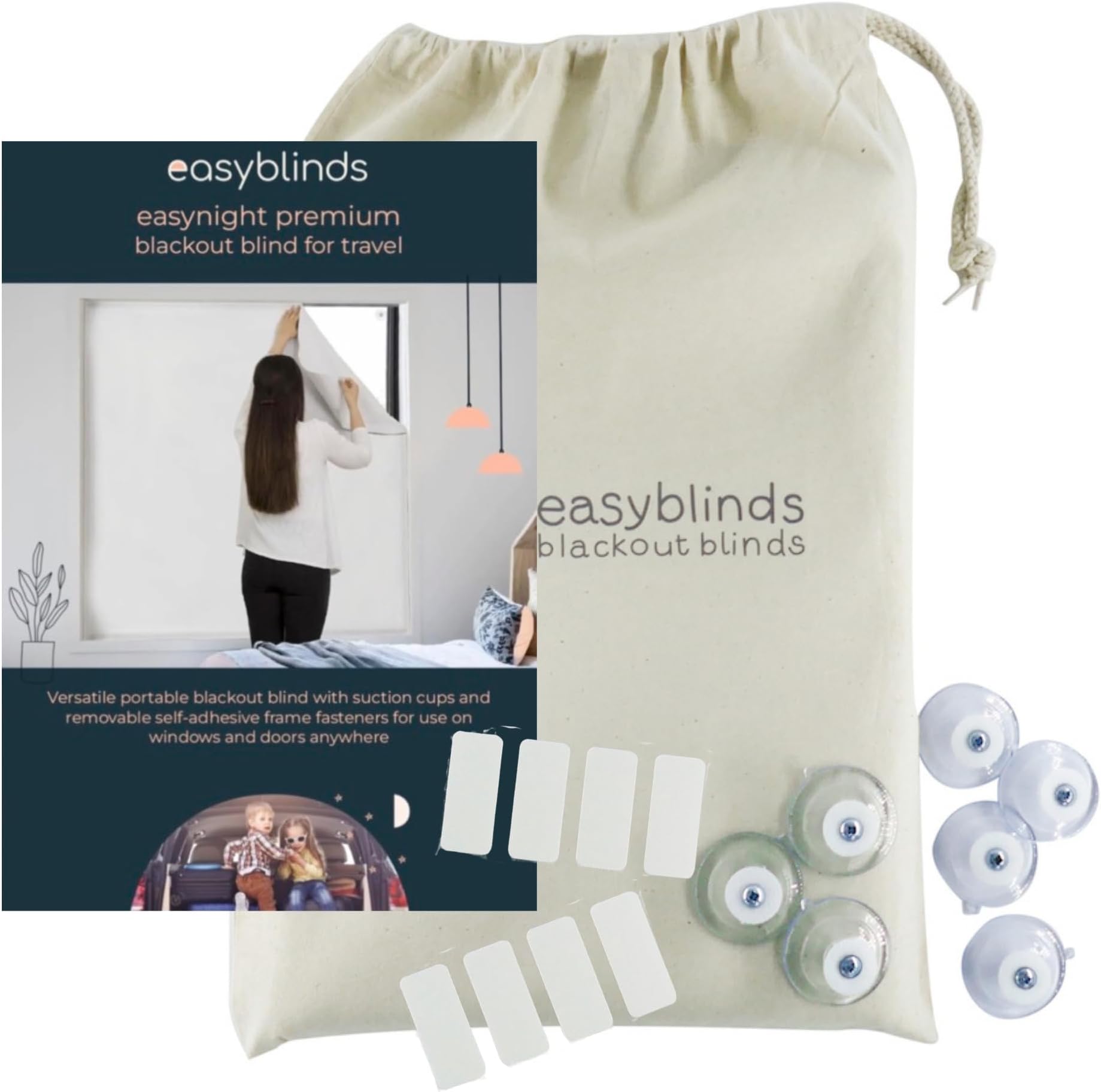 Easyblinds Easynight Premium Portable blackout blind for home and away, suction cups and self-adhesive attachments, CREAM, for windows up to 150x135cm, cut to any shape/size