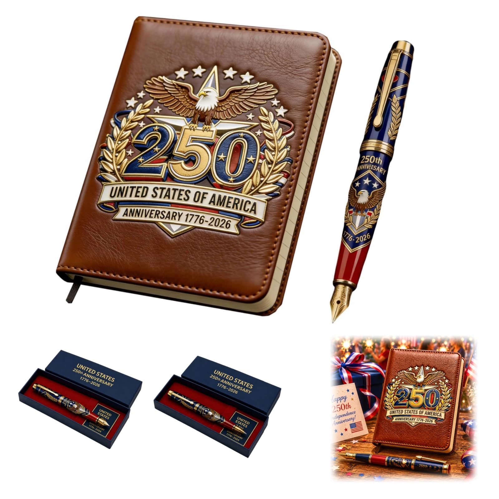 250th U.S. Anniversary Pen & Notebook Set, 1776-2026 Patriotic Journal Gift Box, USA Independence Commemorative Pen, Leather Notebook Souvenir for Patriots, Veterans, Collectors, Memorial Keepsake (B)