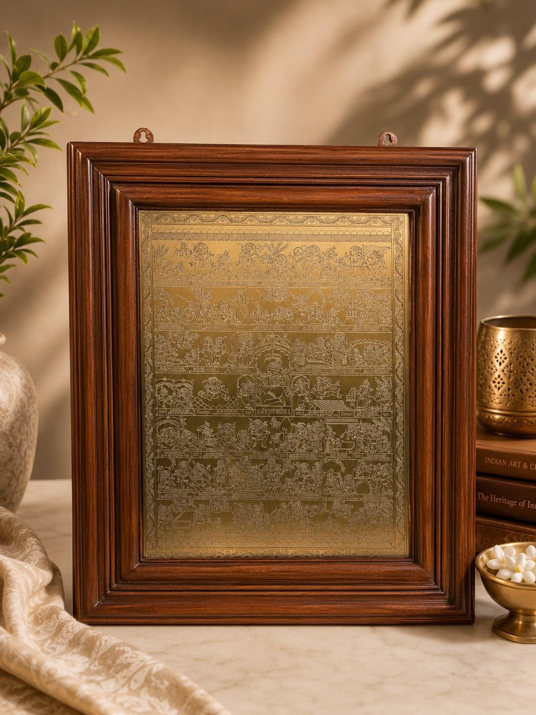 Handcrafted Brass Hanuman Chalisa Panel in Ebony Wood Frame | Hand Engraved Brass, 18 x 21 Inches, 40 Chaupais Depicted, Pattachitra-Style Grid, Wall Hanging-image-39