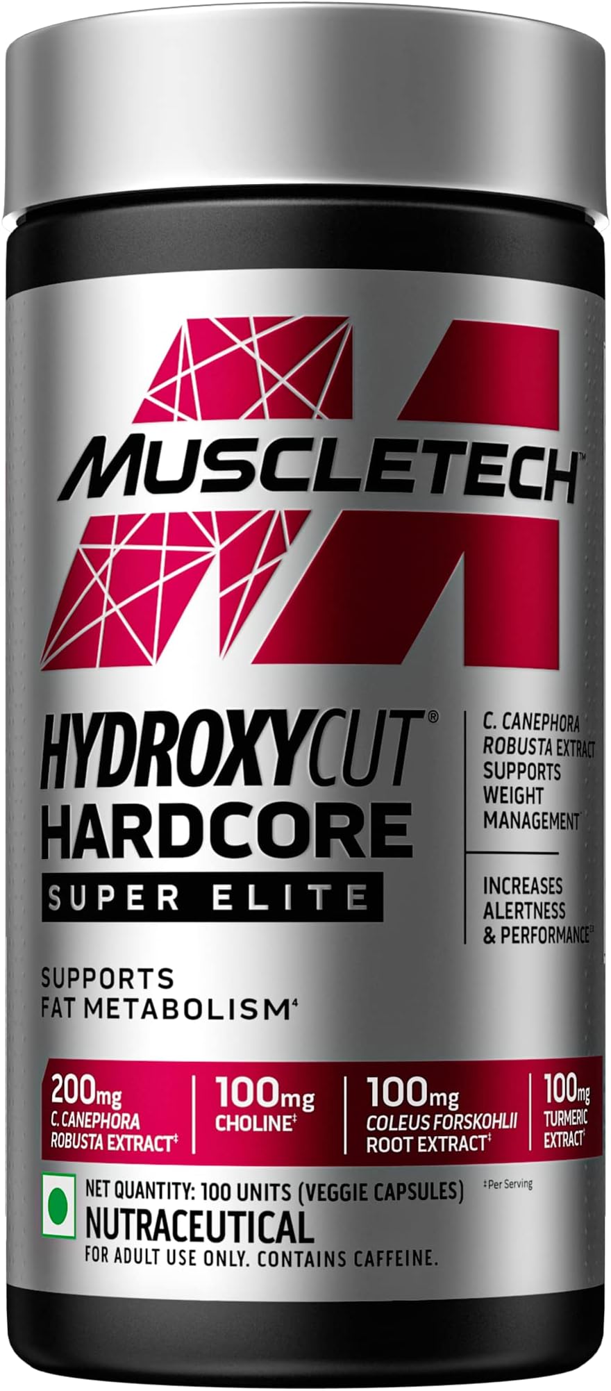 Hydroxycut Hardcore, Super Elite, Supports Fat Metabolism - Pack of 100 Veggie Capsules, 170 grams