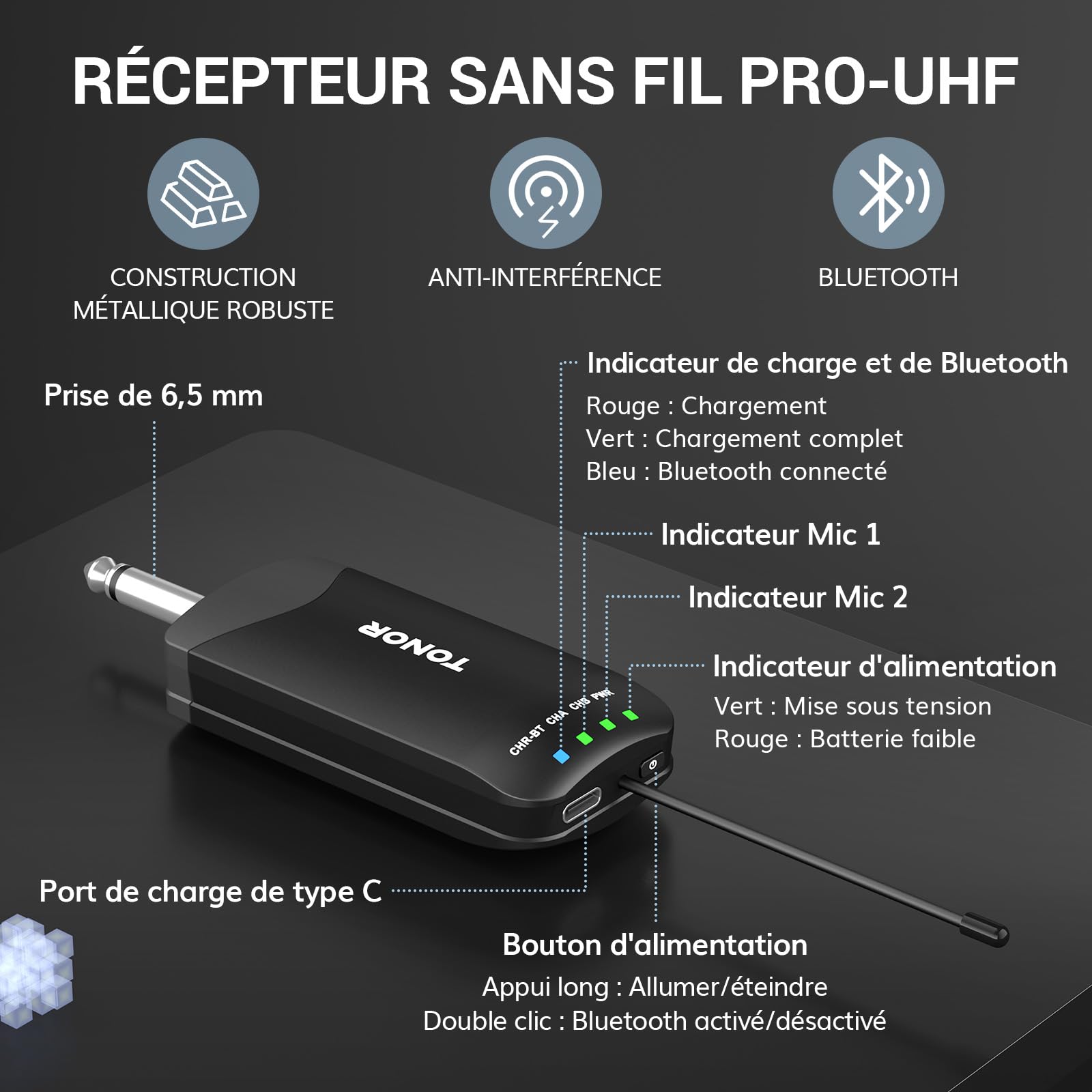 TONOR Micro sans Fil Professionnel, Système de Microphone Rechargeable Bluetooth, Micro Dynamique en Métal UHF 2x25 pour Karaoké, Eglise, Chant, Mariage, Réunion, Appairage Automatique, 100 M, TW720