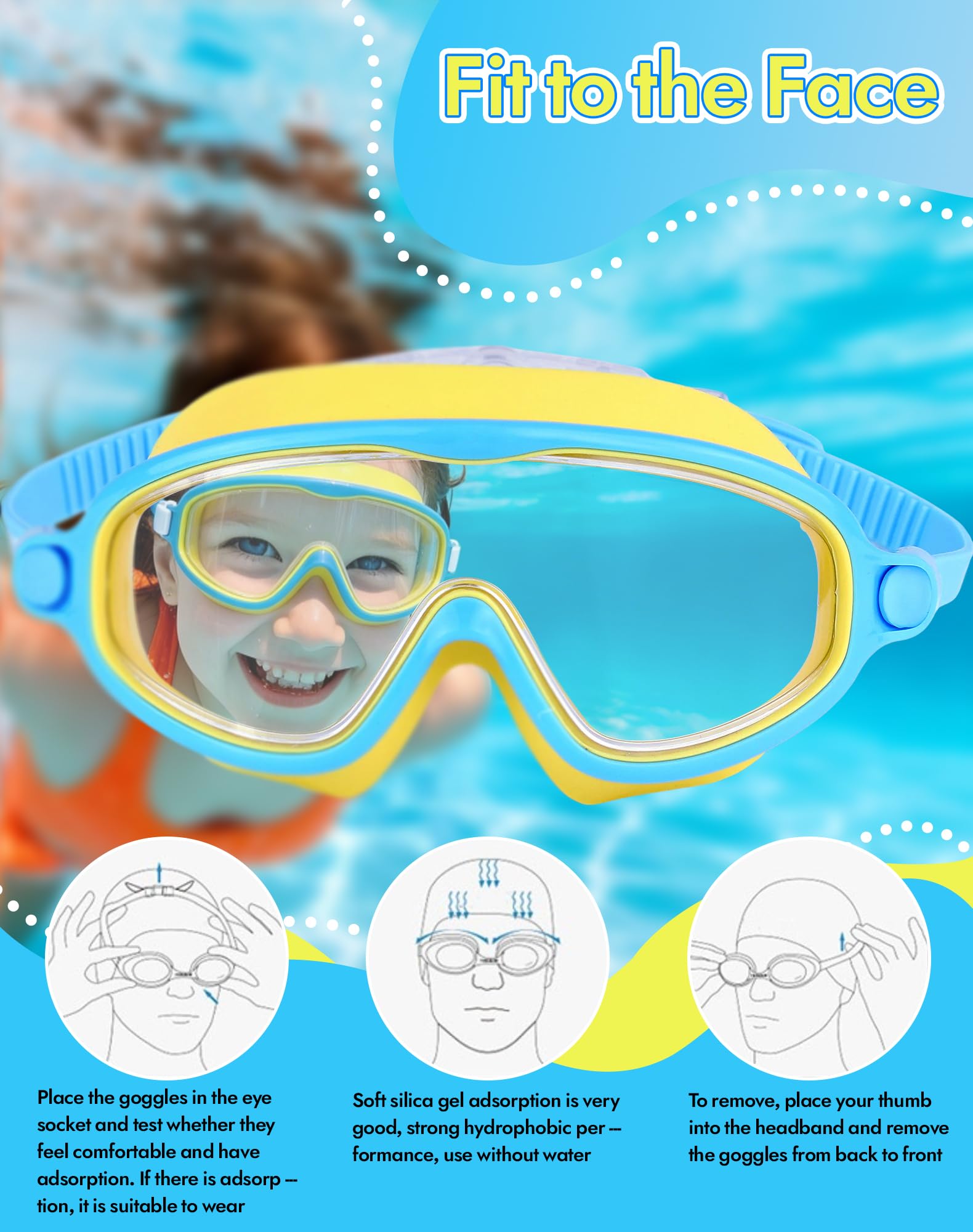 Swimbi Splsh Vision Brille, Blumi Baby Splashyeyes Goggles, Anti-Fog & UV Kinder Schwimmbrille mit Ohrstöpseln & Nasenklammer, Weitsicht Schwimmmaske für Kinder 3-14