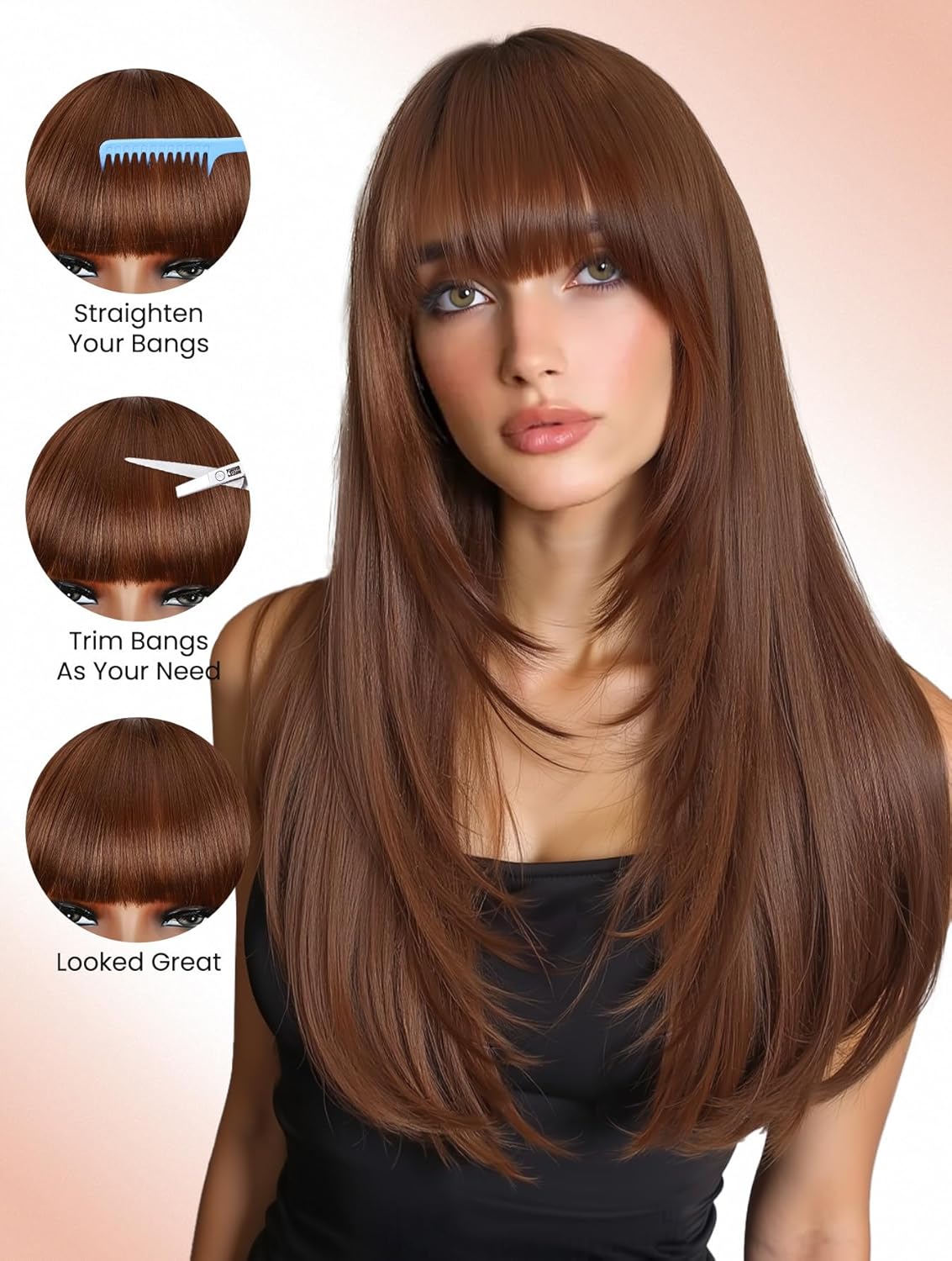 Long Straight Ginger Wig with Bangs for Women Layered Wigs With Bang Hairstyle 4x2 Realistic Simulation Scalp Glueless Wig Synthetic Heat Resistant for Daily Party Use（Ginger, 26Inch）