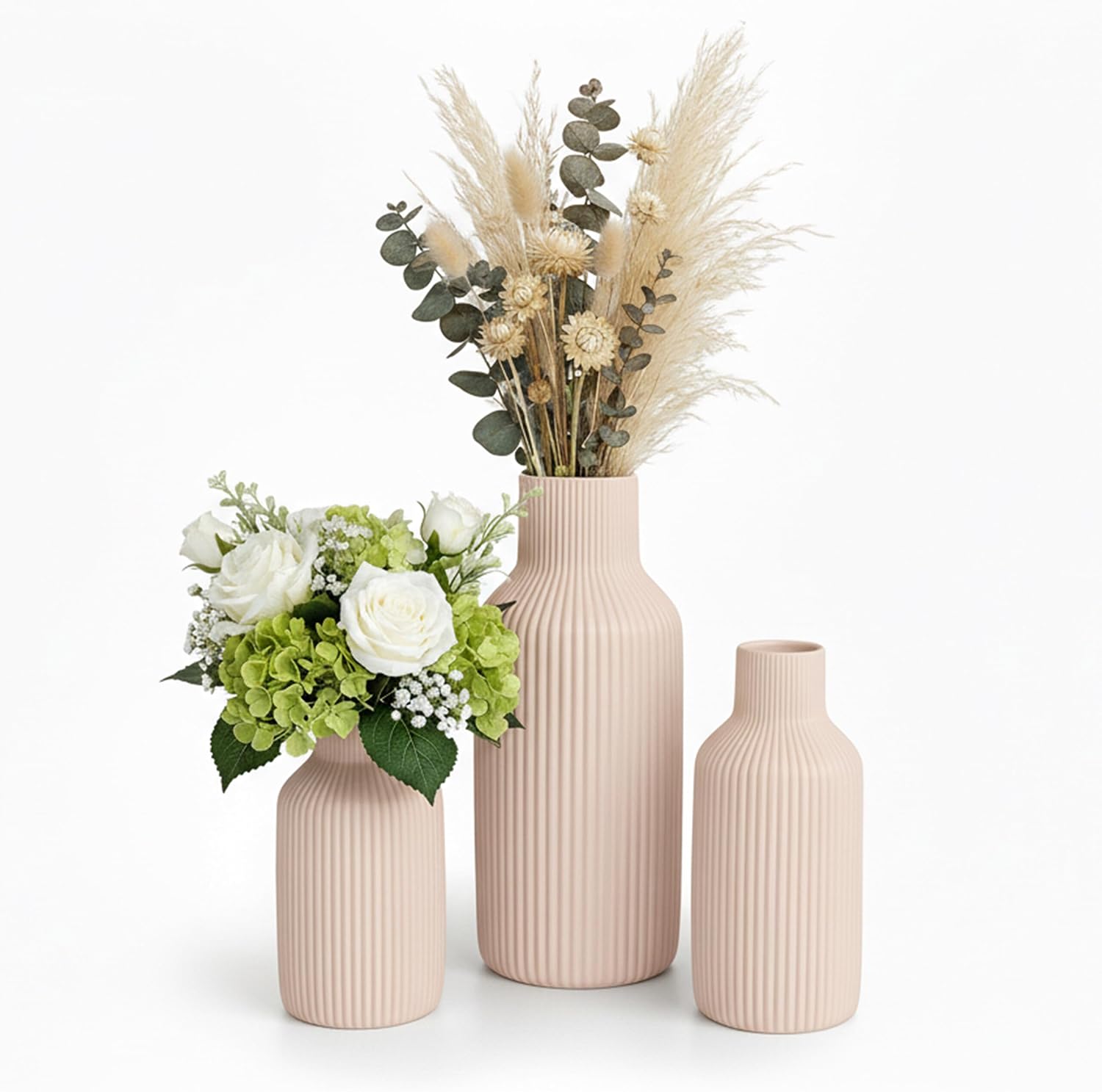 Relaxdays Set of 3, 3 Sizes, Fresh and Dried Flowers, Decorative Ceramic Vases, Beige, 100%, 20 x 9 x 9 cm, 3 Units
