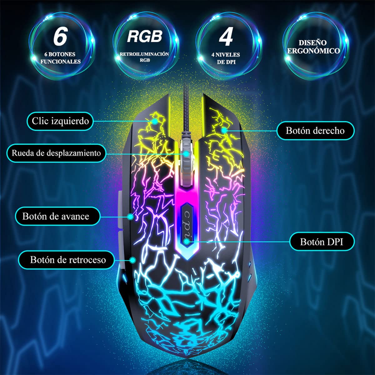 Bengoo Raton Gaming con Cable, 4 dpi Ajustables hasta 3600,Gaming Mouse Óptico, 6 Botones Programables, 7 Modos de Iluminación RGB Personalizable, Ratones USB para PC, Laptop, MacBook-Negro