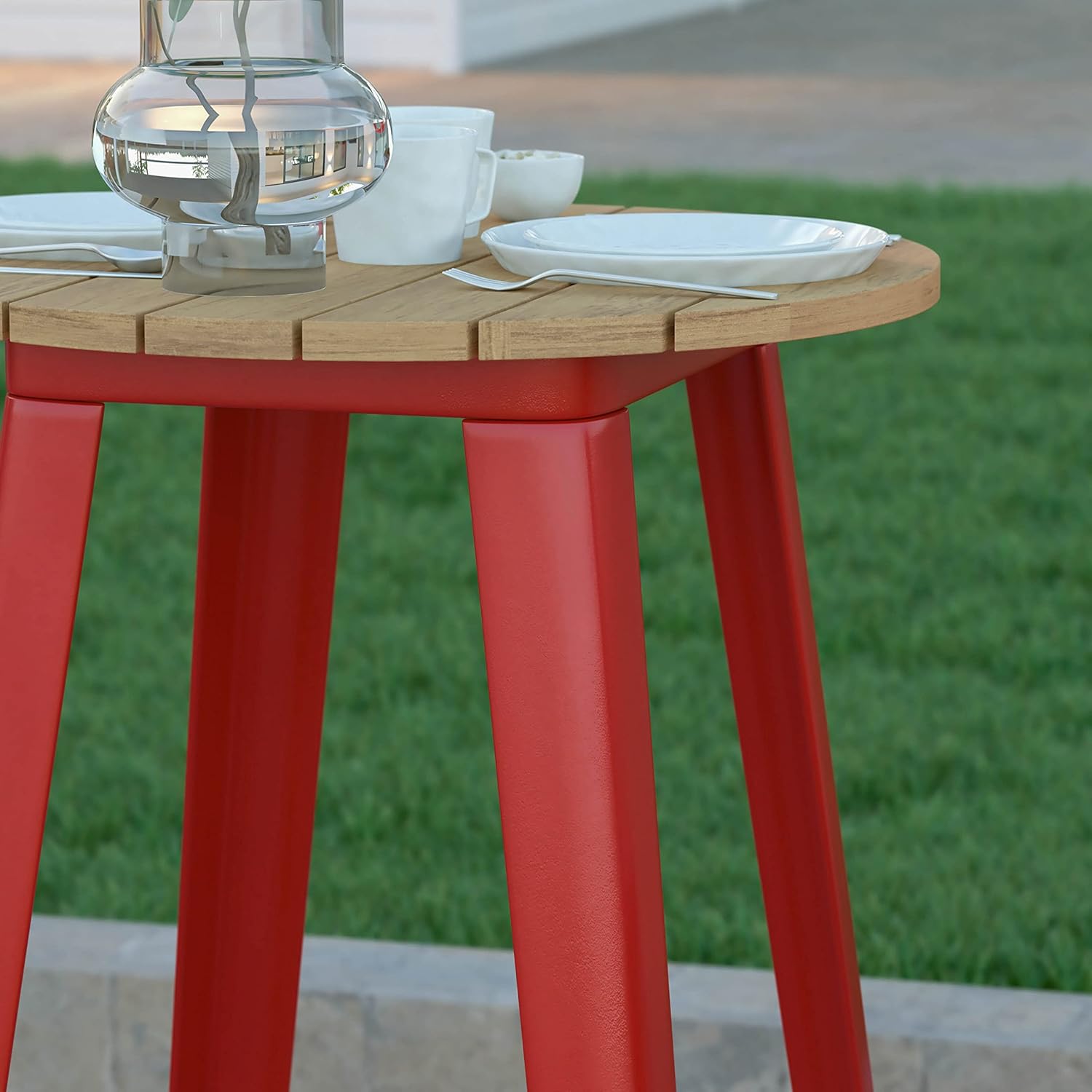 EMMA + OLIVER Drew Dining Table Bar Height - Black 23.75" Round Poly Resin Table Top - Red Steel Base - All-Weather for Indoor/Outdoor Use