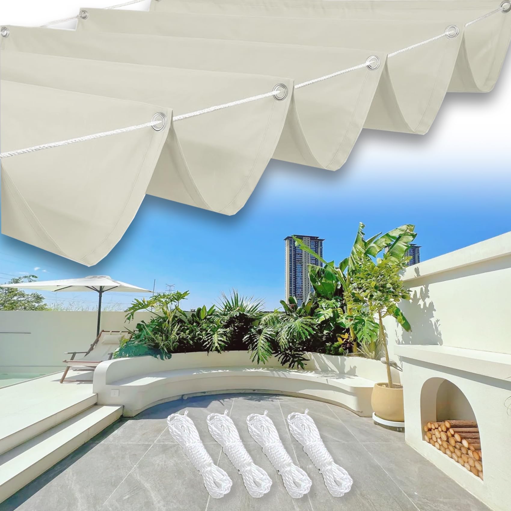 Voile d'ombrage carrée 1.9x9.5m blanc cassé imperméable et rétractable pour pergola