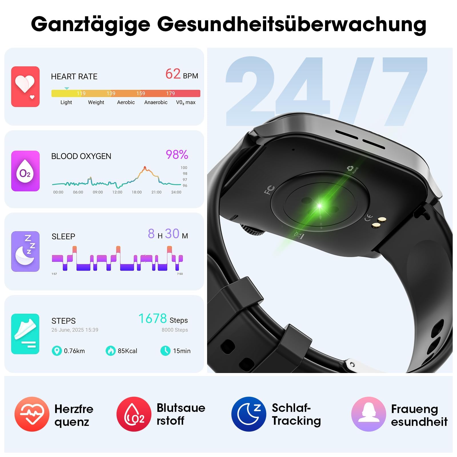 Smartwatch Herren Damen, 1,91" HD-Kurvdisplay Smart Watch mit Bluetooth Anrufen, 100+Sportmodi Fitnessuhr mit Herzfrequenz/Schlafmonitor/Schrittzähler, IP67 Wasserdicht Sportuhr für Android iOS | 100+Sportmodi Fitnessuhr mit Bluetooth Anrufen Herzfrequenz