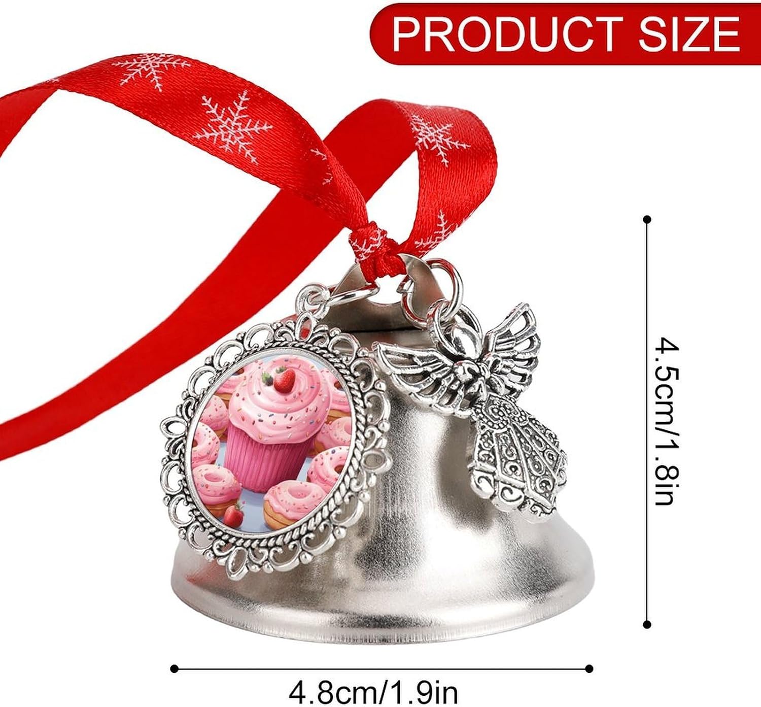 Pink Donut and Cupcake Christmas Bells Ornaments with Wings & Heart Silver Bell Pendant for Christmas Tree Home Door Mantle Fireplace Decoration