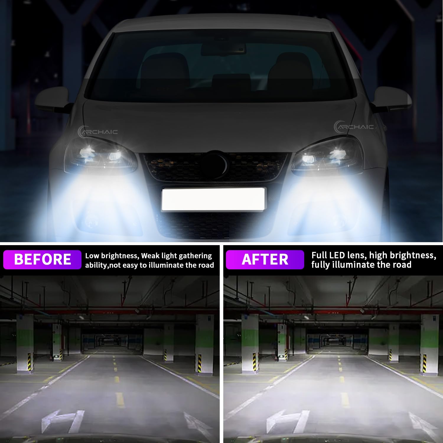 Archaic Reflektory kompatybilne z Volkswagen Golf 5 MK5 2003-2009 i Jetta 1k2 2005-2010, VOLKSWAGEN GTI/RABBIT 2006-2009 nie pasują do XENON/HID, z sekwencyjnymi kierunkowskazami, animacją DRL, z