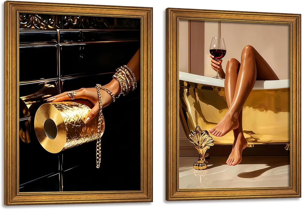 2 Pcs Framed Golden Vintage Bathroom Canvas Wall Art 12x16 Inch