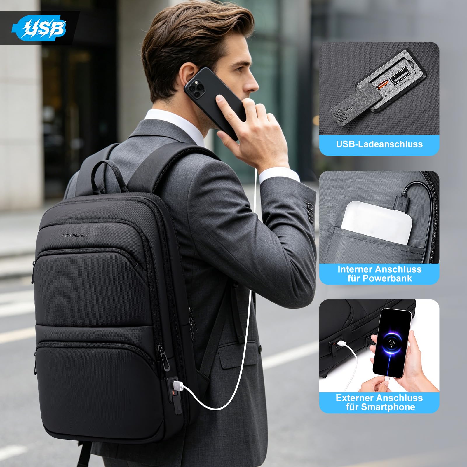 FENRUIEN Leichter Business Rucksack Herren 15.6 Zoll Wasserdicht Notebook Laptop Backpack Erweiterbar 15-23L mit USB-Ladeanschluss für Arbeit Schule, Schwarz