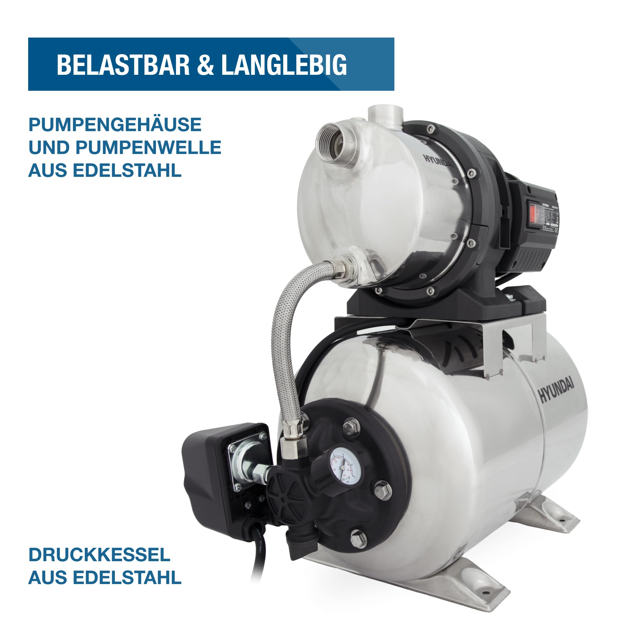 HYUNDAI Hauswasserwerk HWW12050-IN | 1200 W, 19 L INOX-Kessel | Fördermenge 5.000 l/h, Förderhöhe: max. 50 m | autom. Druckschalter, Edelstahl-Pumpengehäuse