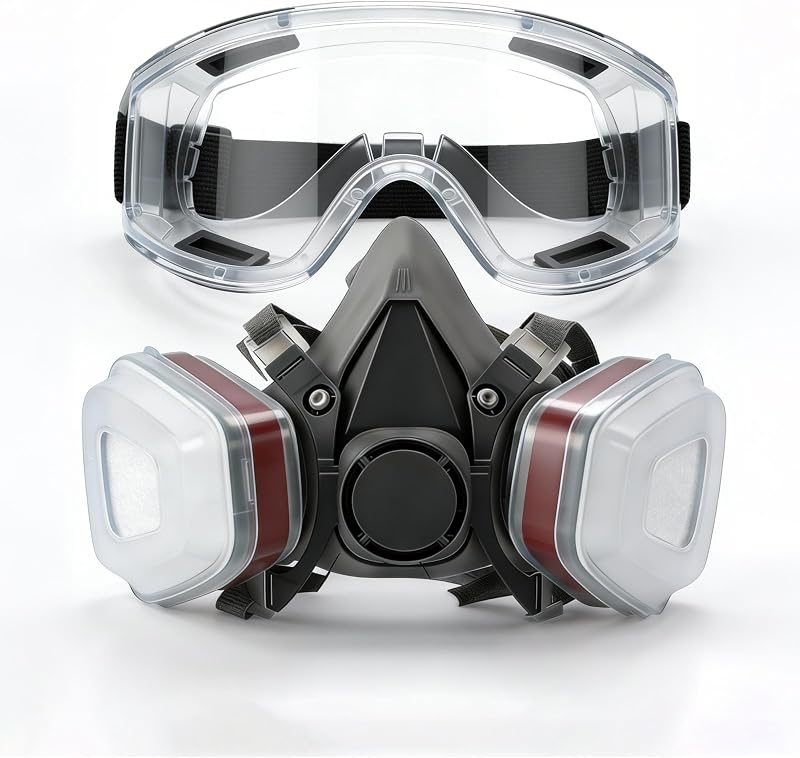 Half-Face Reusable Respirator Mask Set (Includes Anti-Fog Goggles) Suitable For Protection In Scenarios Such As Spray Painting, Sanding, Painting, Dust Exposure, And Organic Vapor Exposure.