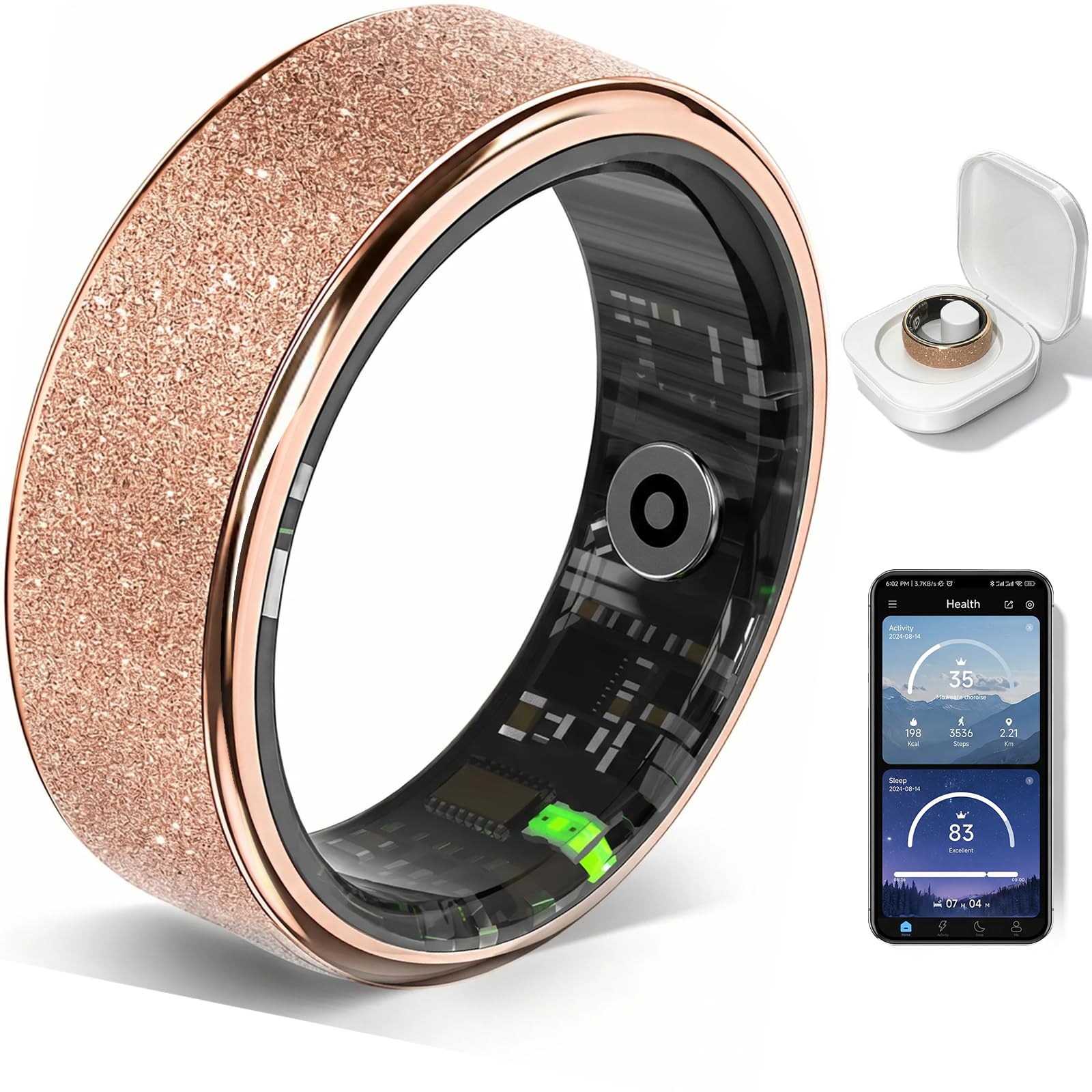 Smart Ring for Women Men, Fitness & Sleep Tracker, IP68 Waterproof | Frosted Glitter Finish, Heart Rate, Blood Oxygen, HRV, Skin Temperature, Love Space, No Subscription, Rose Gold-image-17