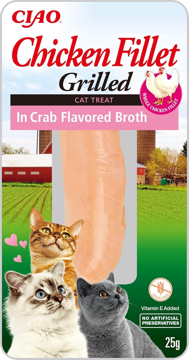 INABA Chicken Fillet Grilled - Friandises pour Chats en Filet de Poulet - Bouillon Aromatisé au Crabe - Snack Grillé et Riche en Antioxydants - Nourriture pour Chats - 1 Filet de 25g