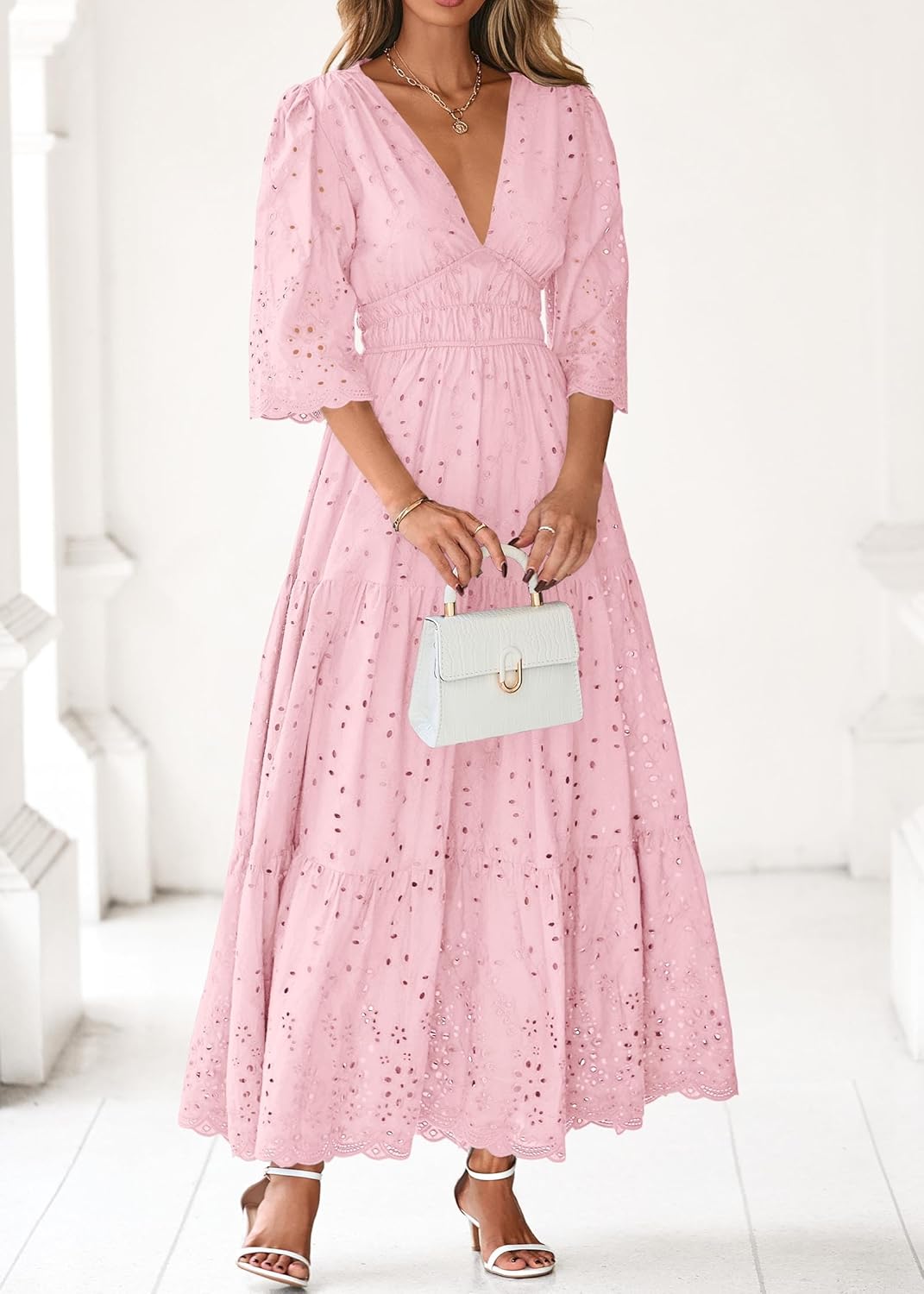 Lazysmile Long Sleeve Dresses for Women V Neck Hollow Out Eyelet Ruffle Swing A-Line Fall Vacation Boho Maxi Dress - Image 3